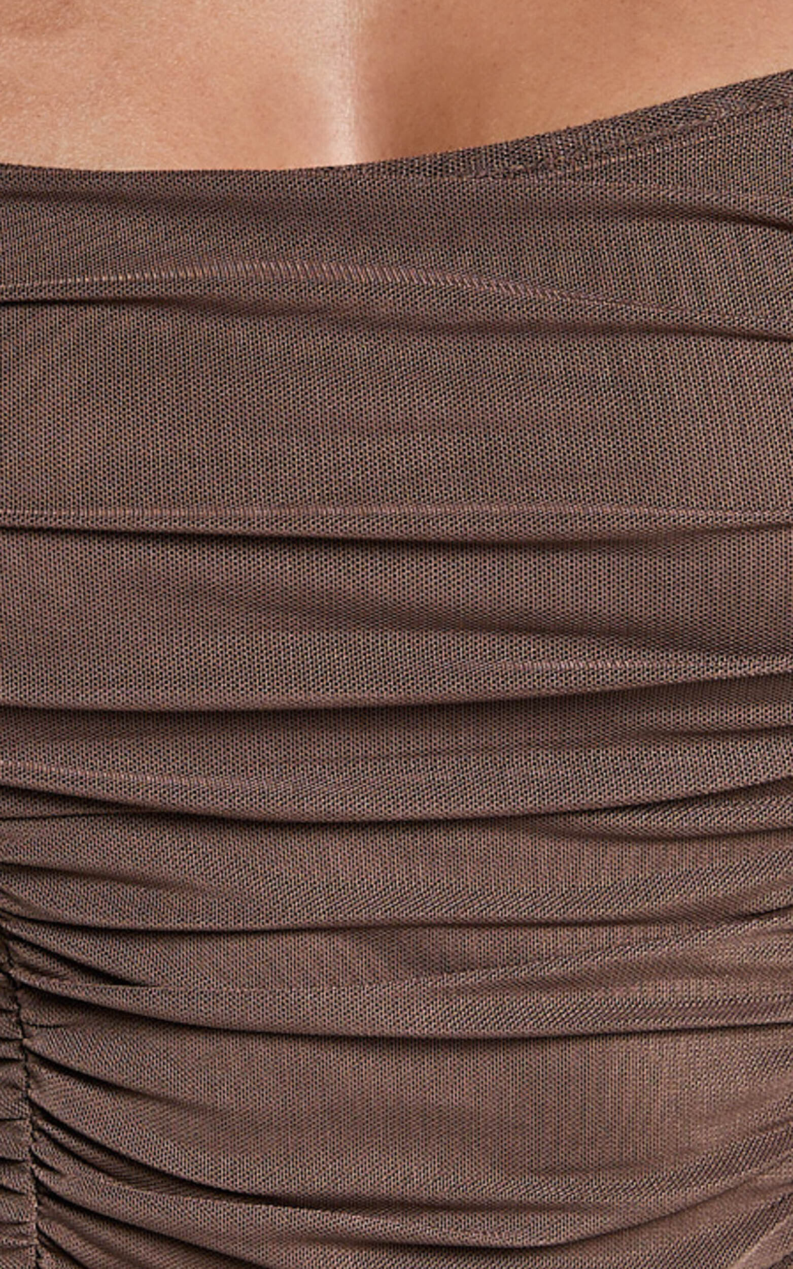 Casen Bodysuit - Long Sleeve Ruched Mesh Bodysuit in Chocolate