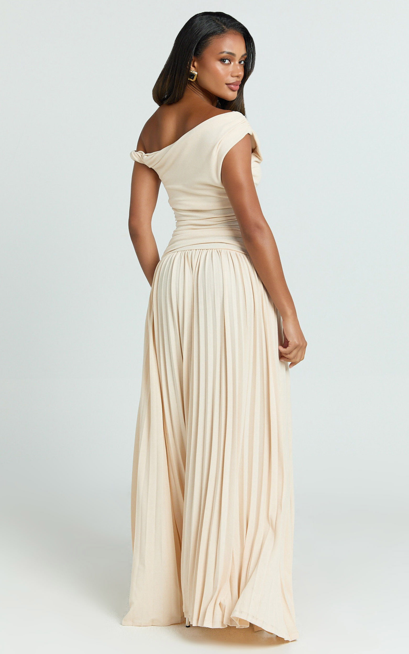Yvonne Maxi Dress - Jersey Tip Shoulder Ruched Dress in Off White
