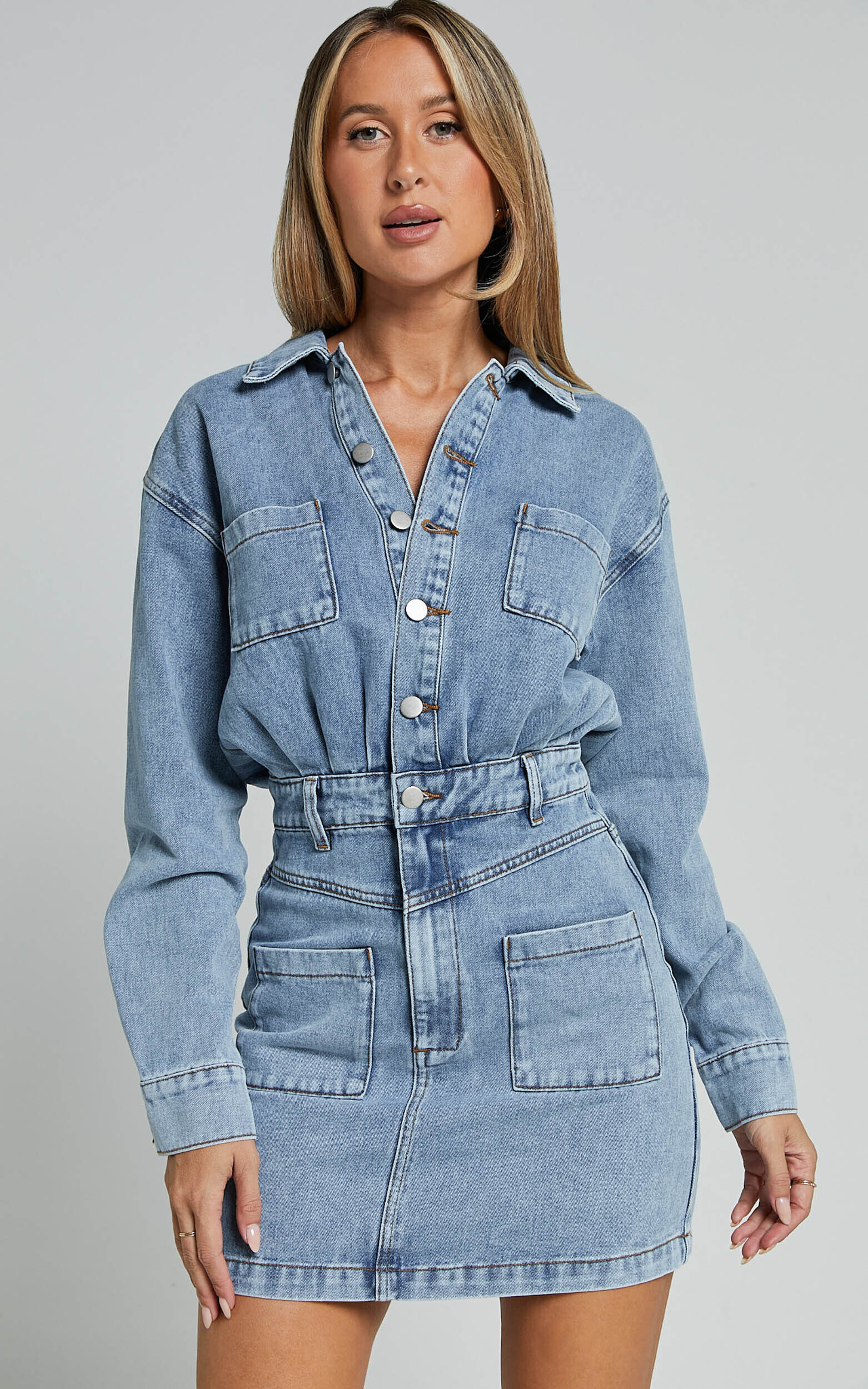 Kamala Mini Dress - Long Sleeve Button Through Denim Dress in Light Blue Wash