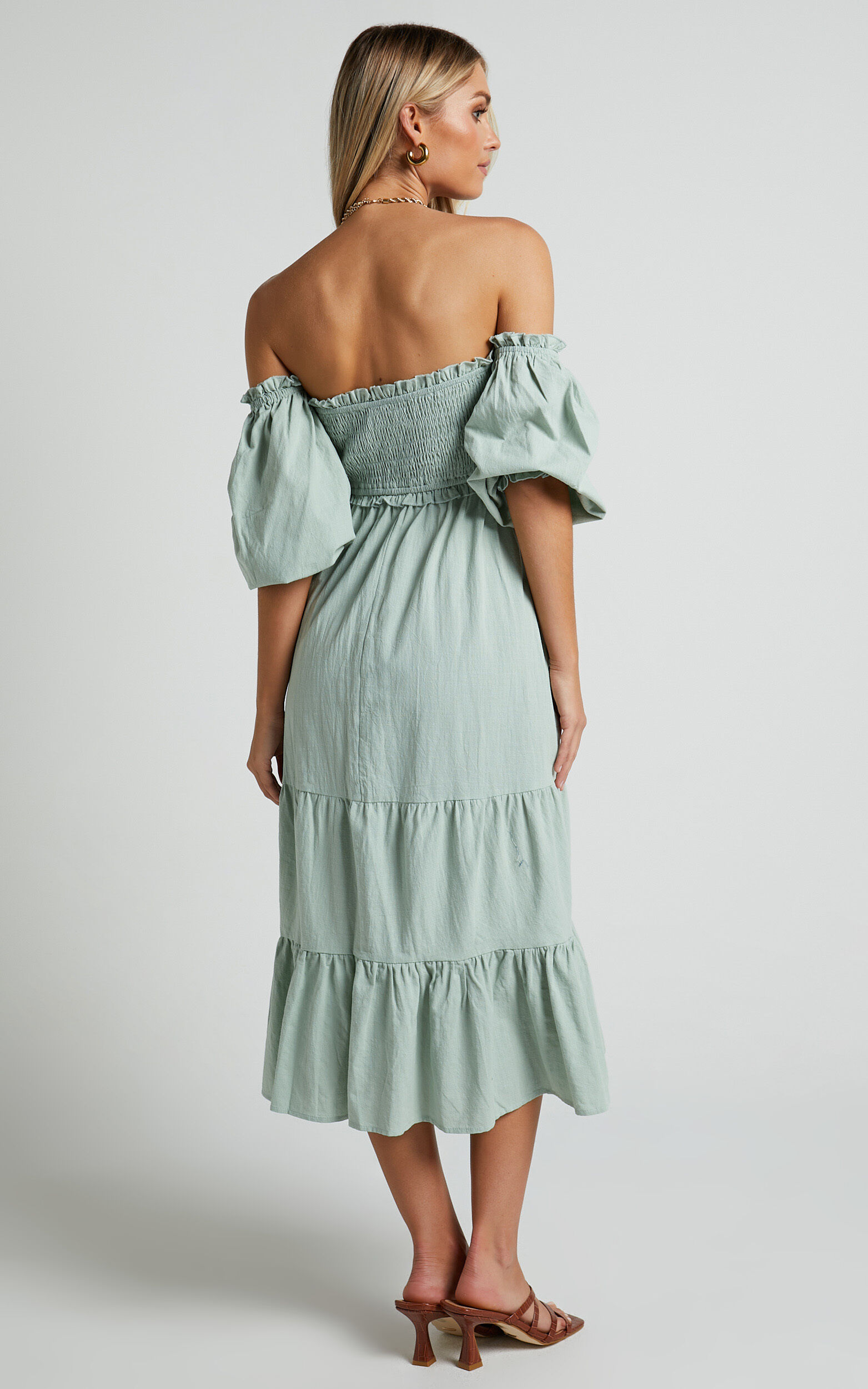 Nikka Midi Linen Dress - Shirred Off Shoulder Puff Sleeve Dress in Sage