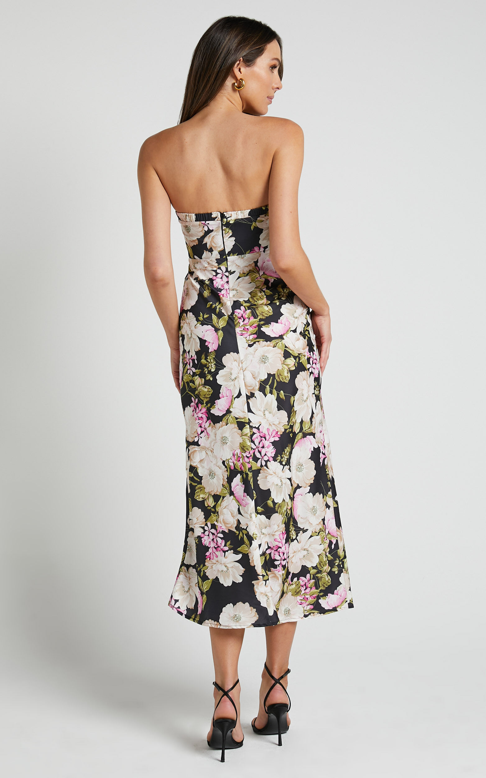 Janise Midi Dress - V Neck Wrap Top Detail Thigh Split Dress in Midnight Floral