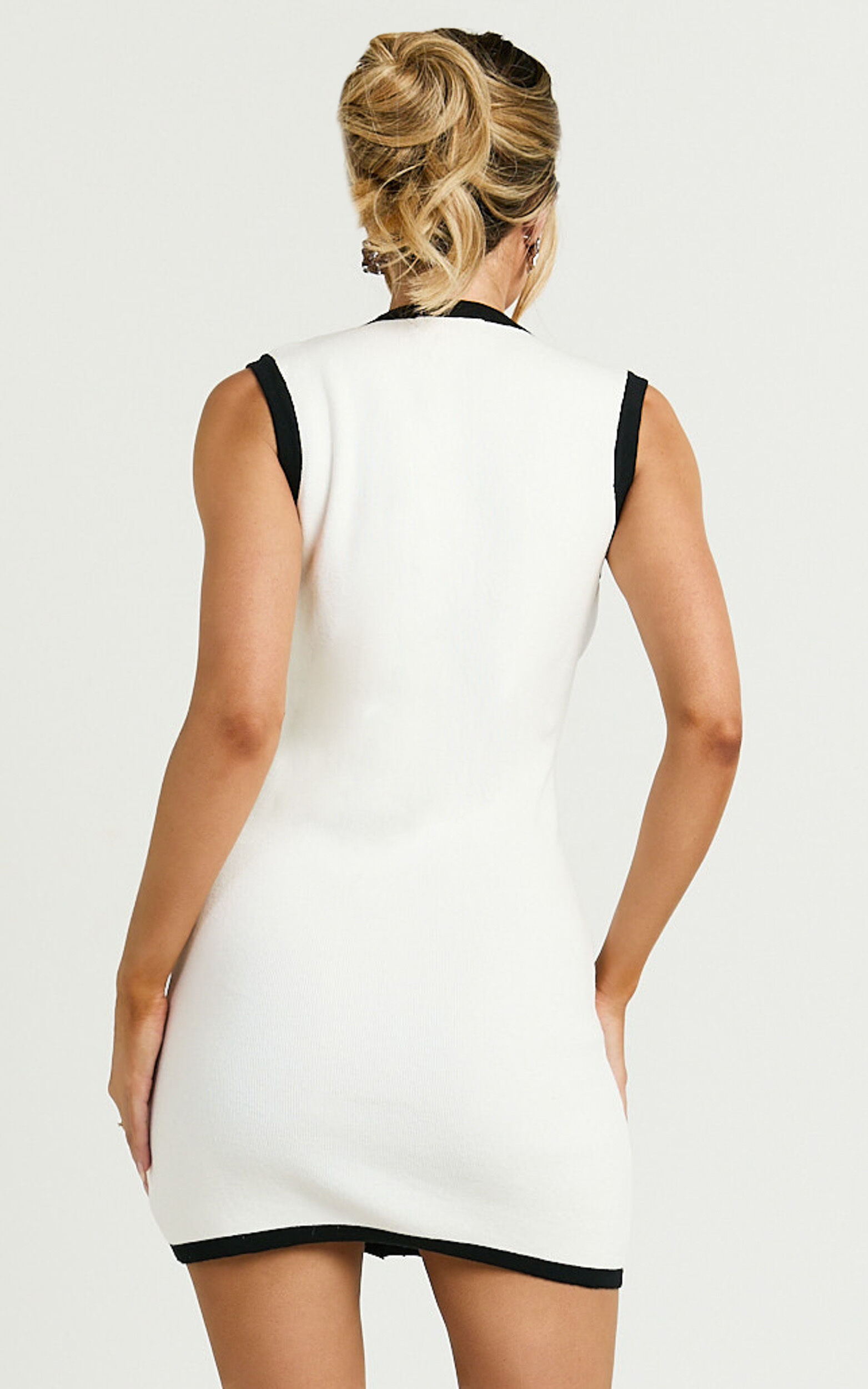 Branson Mini Dress - Sleeveless Button Down Knitted Dress in Cream with Black contrast