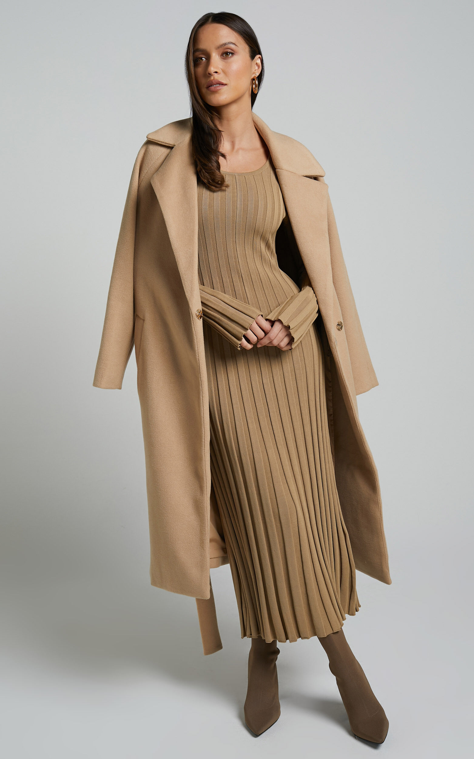 Blaire Midi Dress - Long Sleeve Tie Back Flare Dress in Roasted Cashew