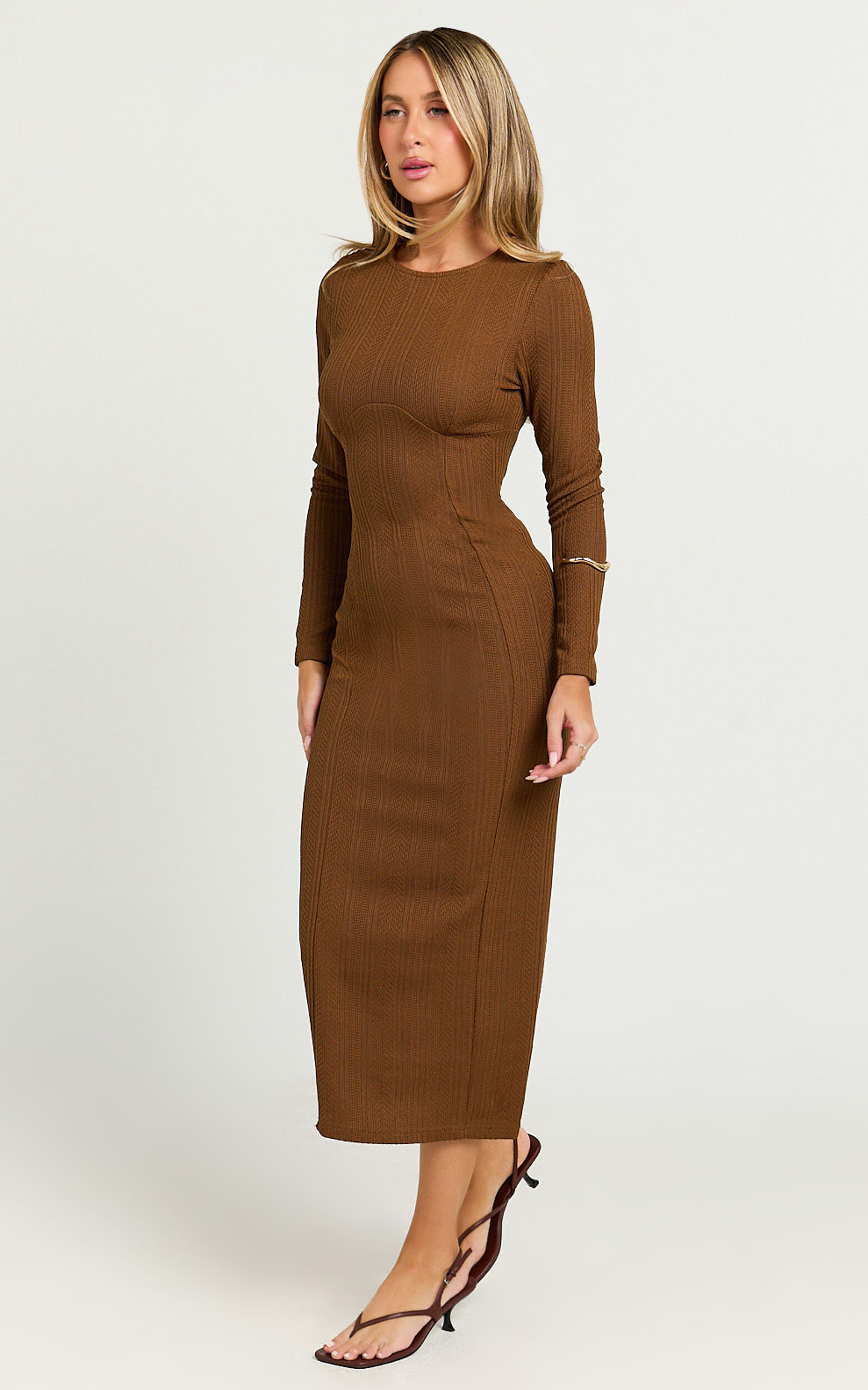 Divina Midi Dress - Long Sleeve A Line Knit Dress in Brown