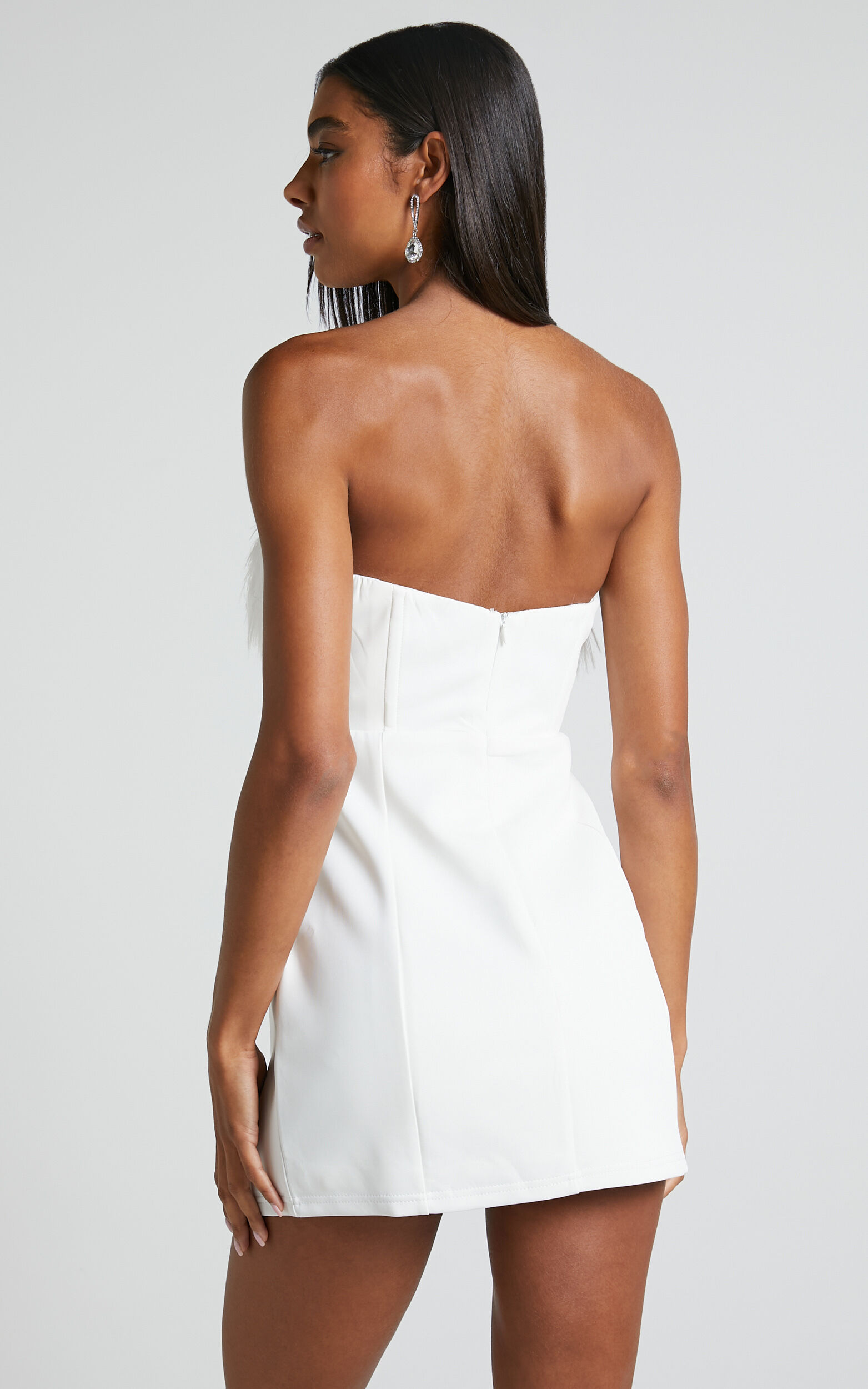 Rhaiza Mini Dress - Faux Feather Trim Strapless Dress in White