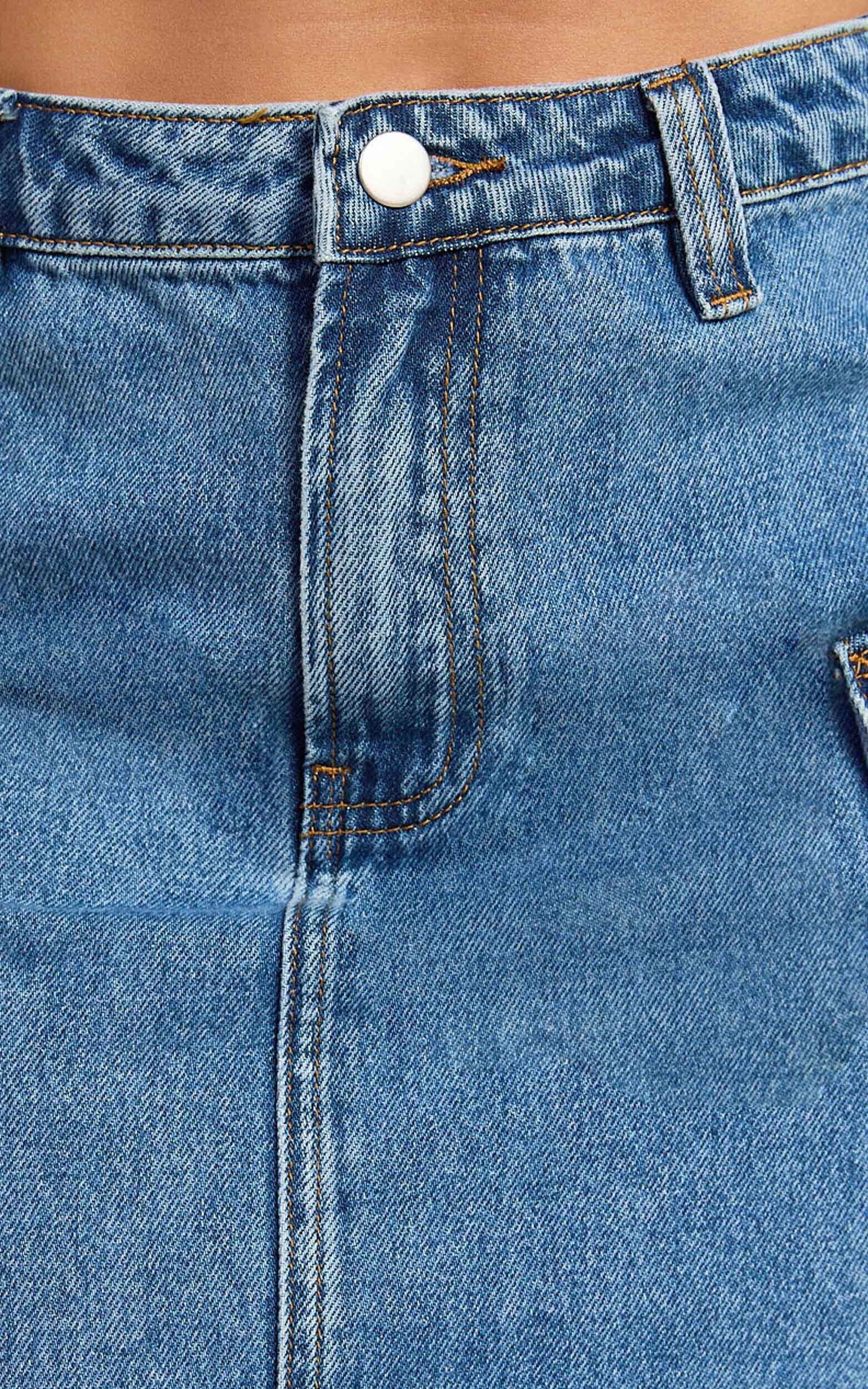 Wallace Mini Skirt - Mid Waisted Recycled Denim Utility Skirt in Mid Blue Wash