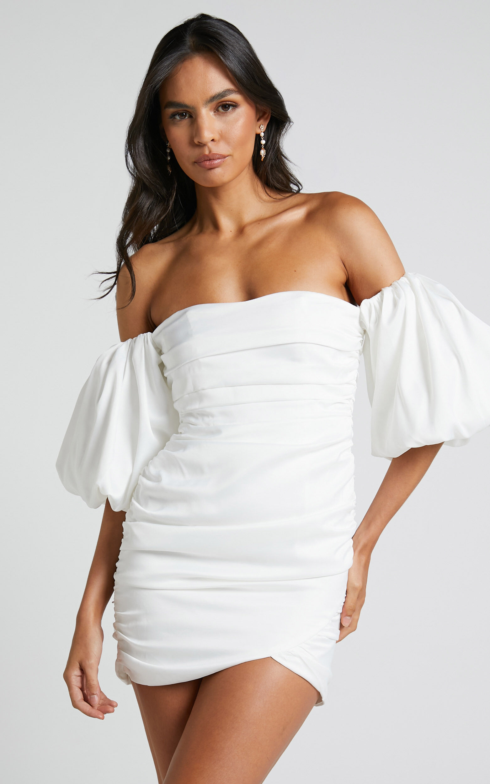 Betty Mini Dress - Off Shoulder Puff Sleeve Gathered Dress in White