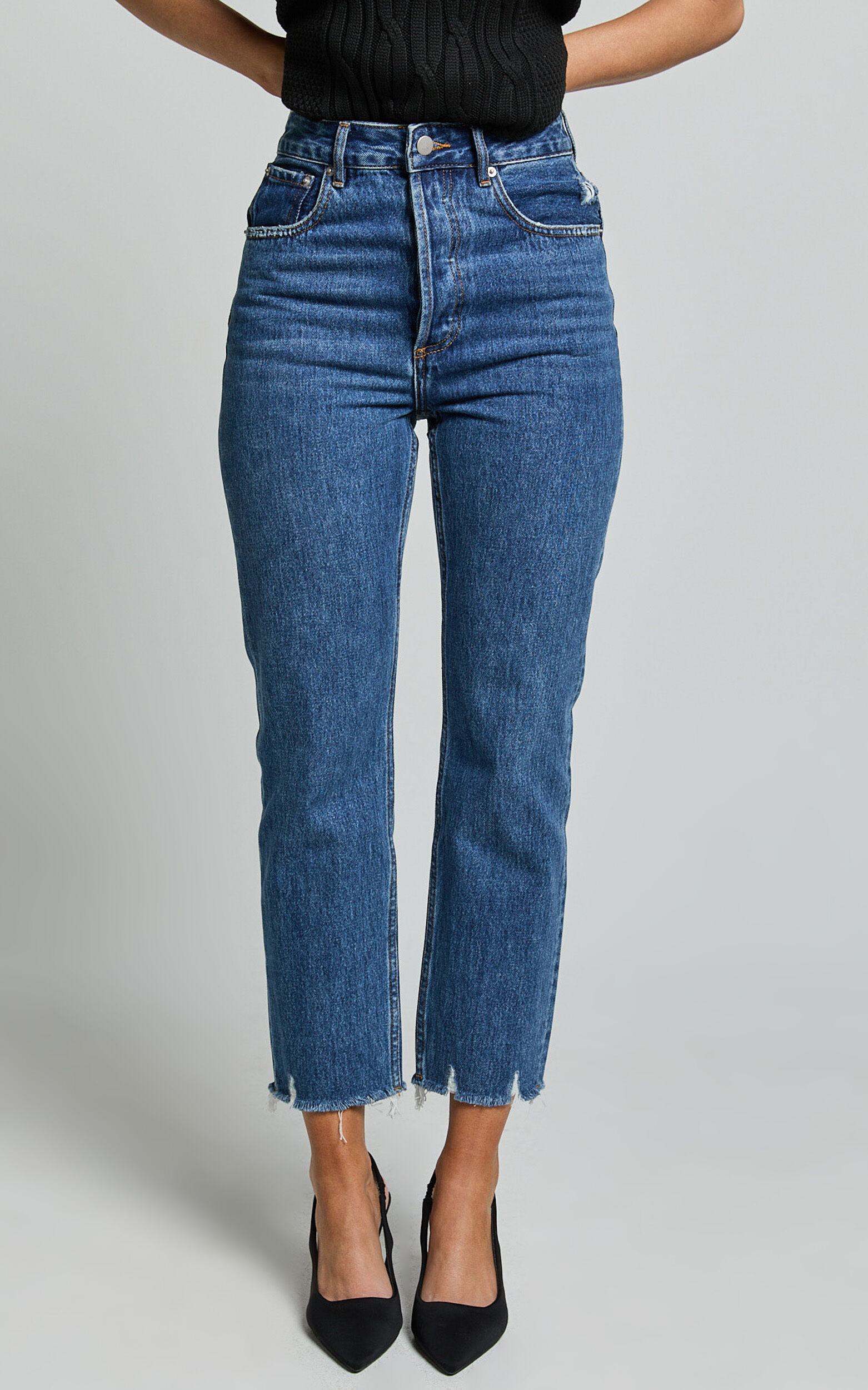 Zelrio Jeans - High Waisted Recycled Cotton Cropped Denim Jeans in Dark Blue Wash
