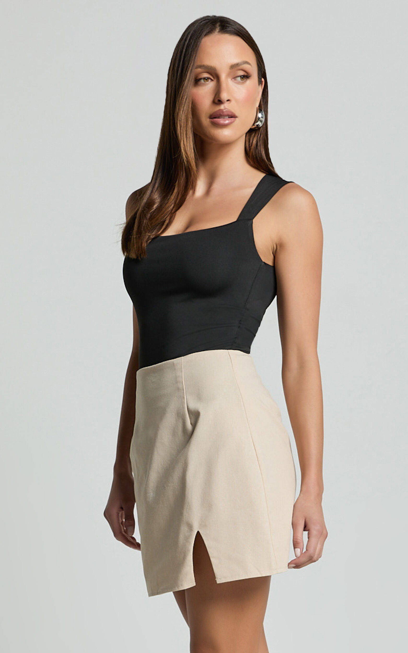 Mindy Mini Skirt - Linen Look A Line Side Split Skirt in Oatmeal