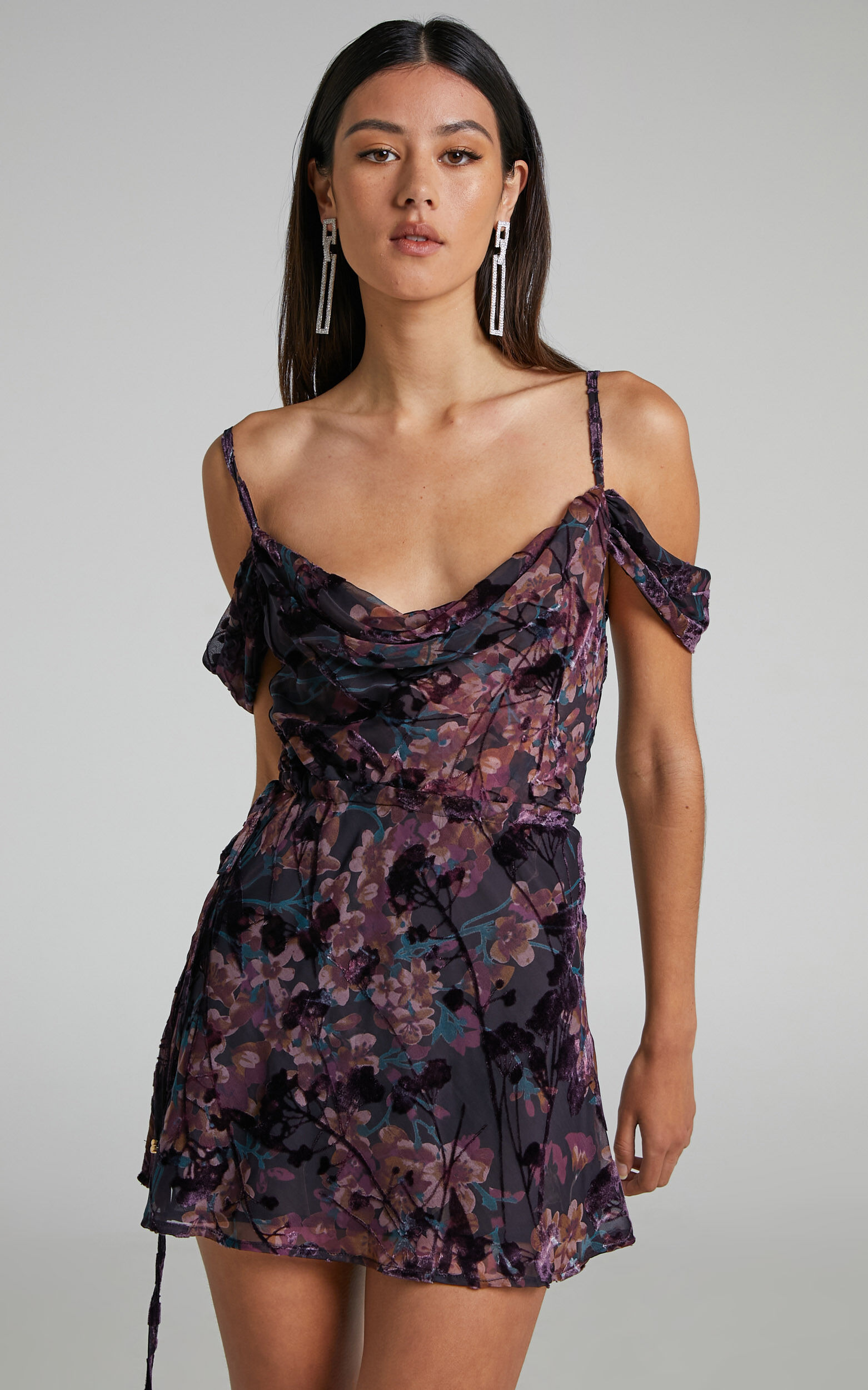 Aletta Mini Dress - Strappy Off Shoulder Cowl Neck Dress in Aletta Burn Out Floral