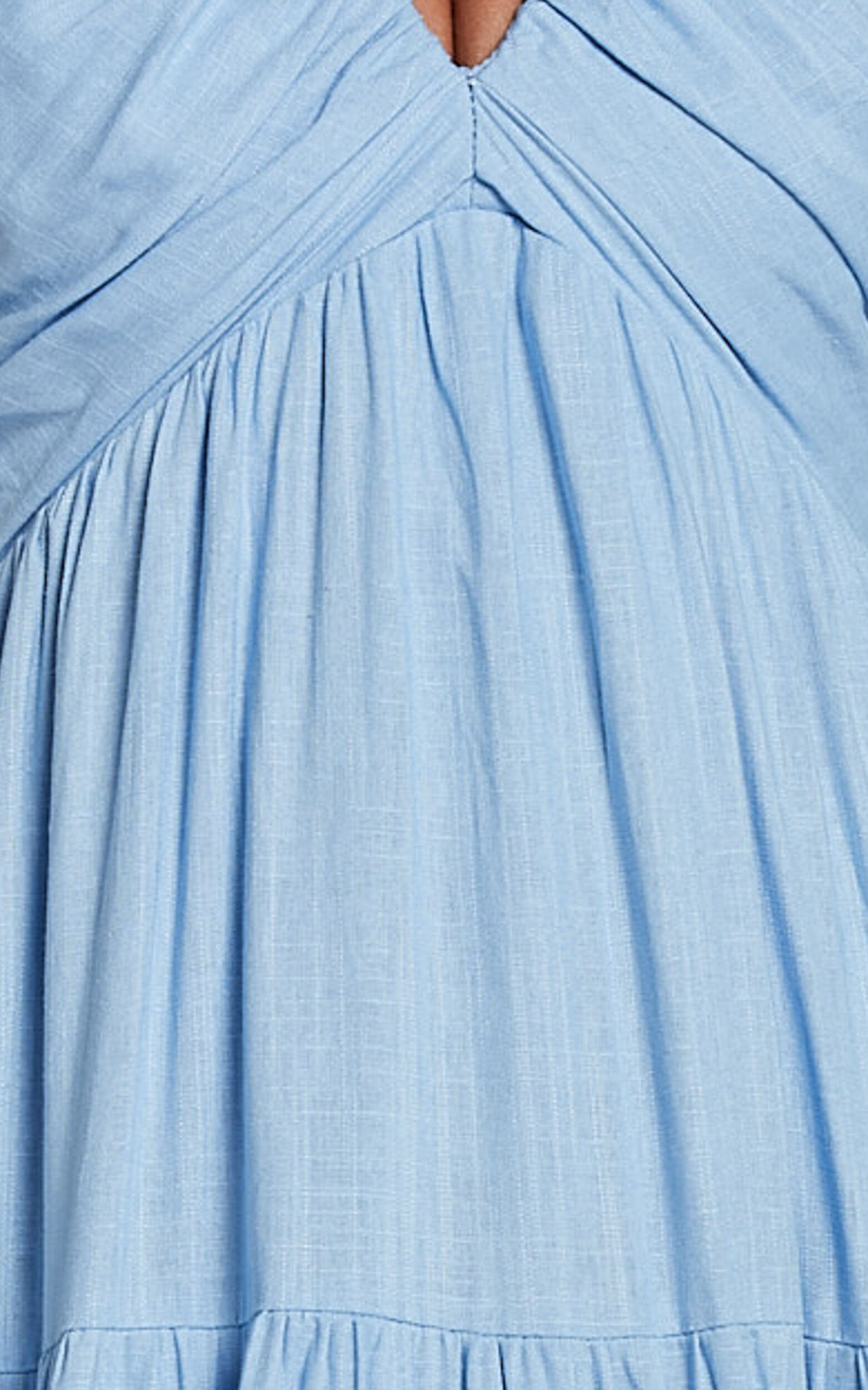 Nicollee Midi Linen Dress - Plunge Neck Sleeveless Tiered Dress in Blue