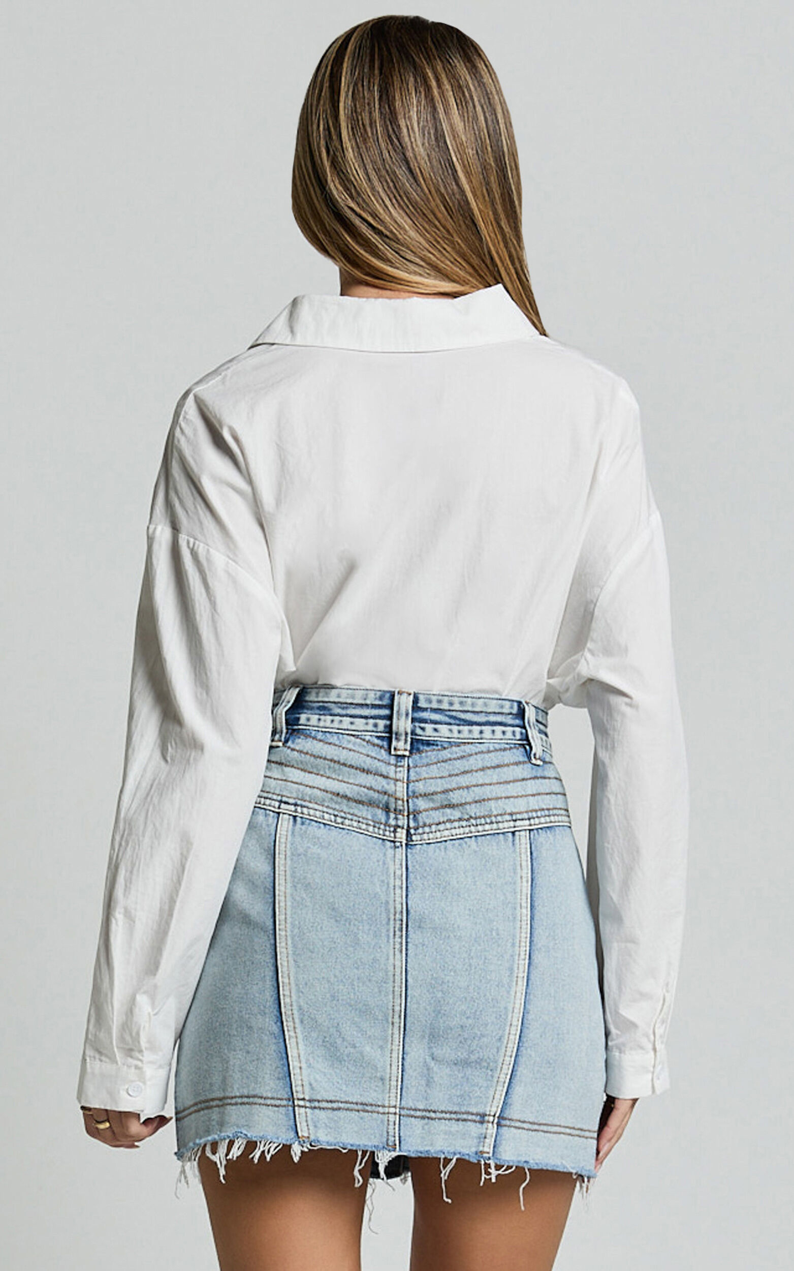 Gennlee Mini Skirt - Cotton Contrast Denim Skirt in Light Wash Blue