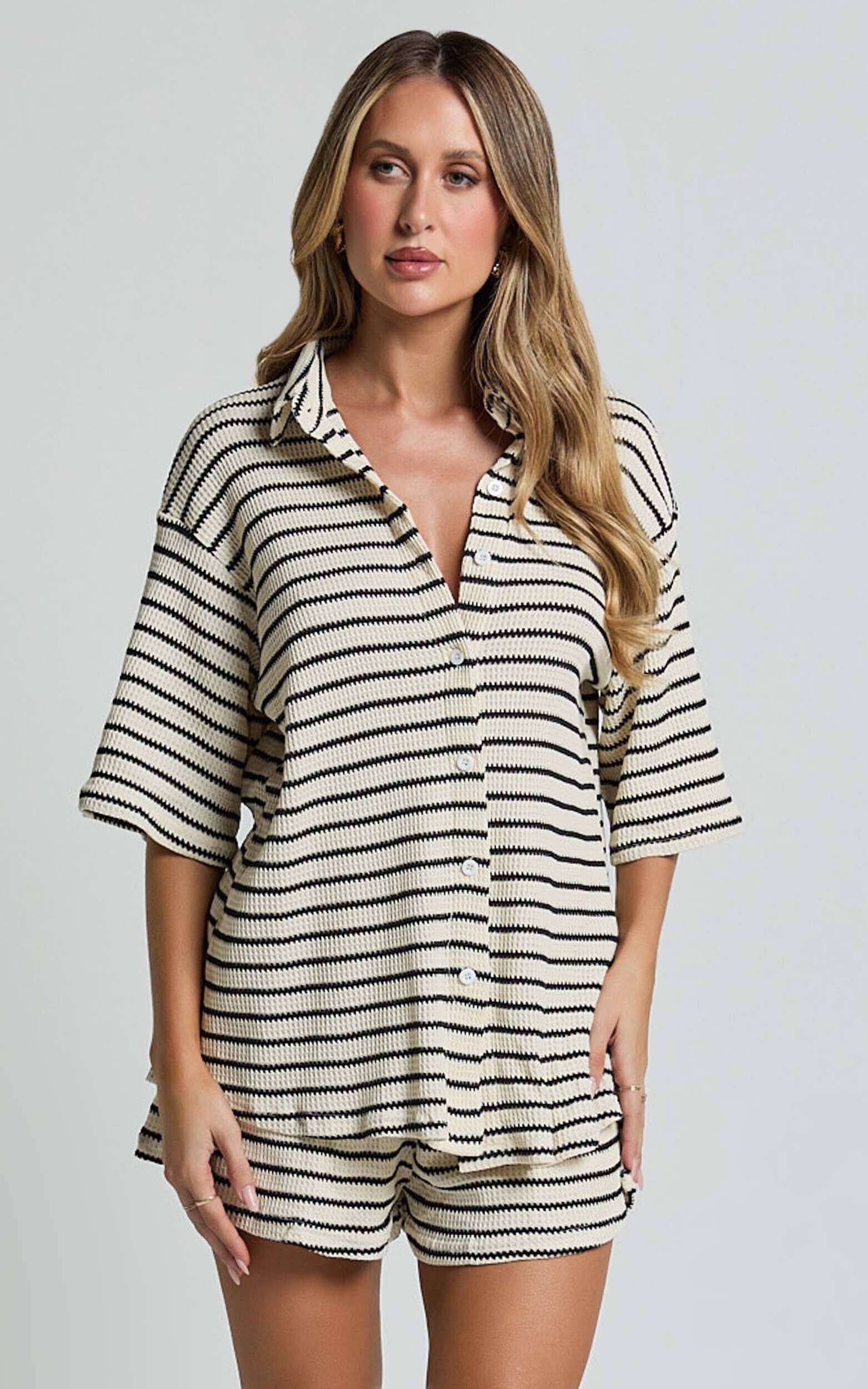Dylan Two Piece Set - Striped Waffle Shirt and Short Set in Black & Cream Stripe