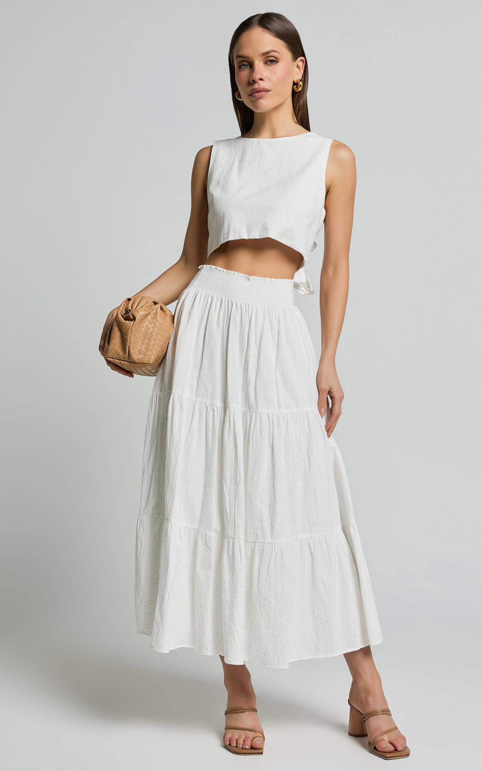 Ruby Midi Skirt - Shirred High Waist Cotton Tiered Midi Skirt in Off White