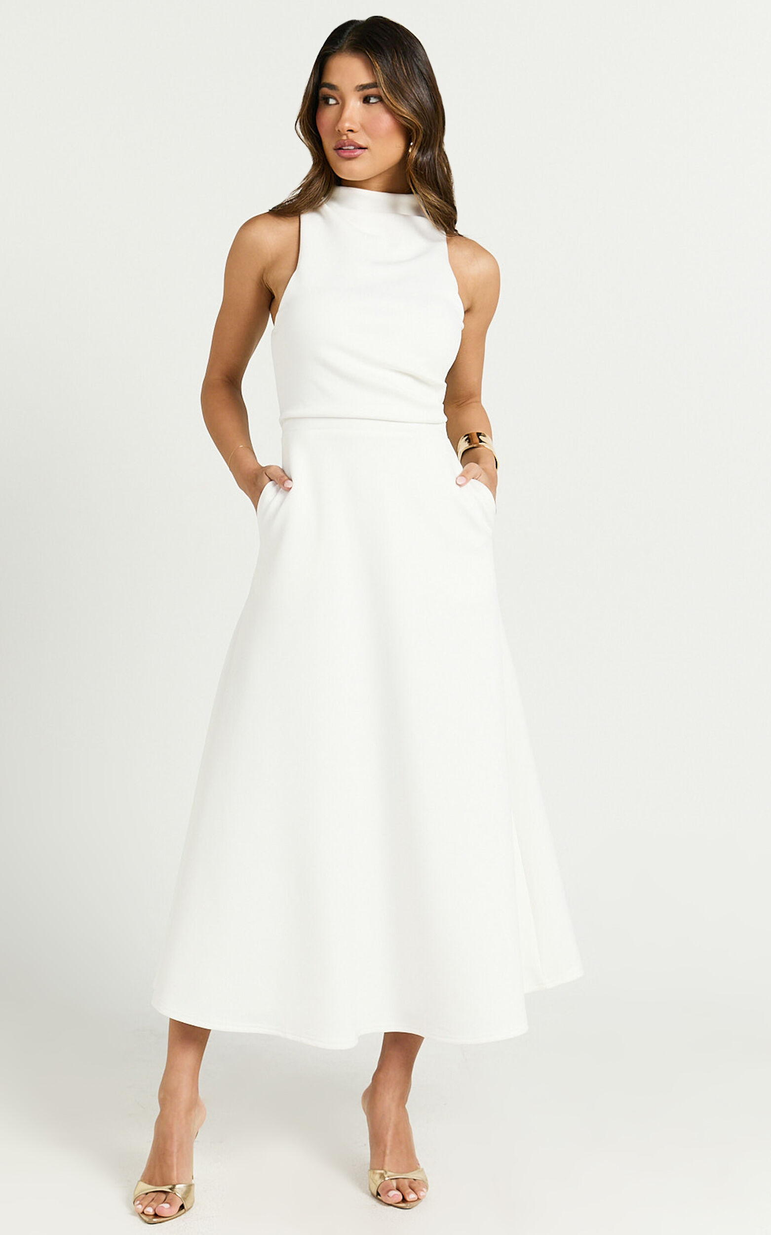 Macy Midi Dress - High Neck A Line Dress in Off White