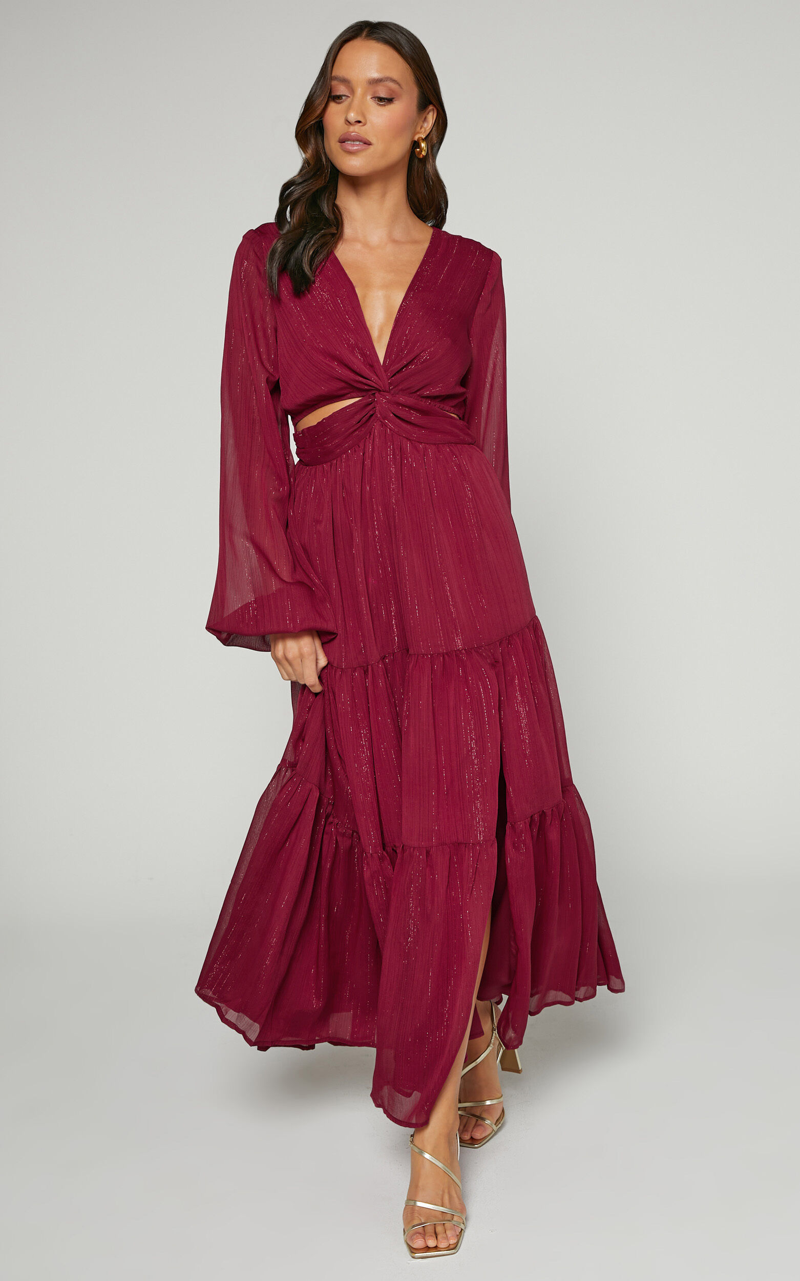 Edelyn Midi Dress - Cut Out Balloon Sleeve Tiered Dress in Burgundy