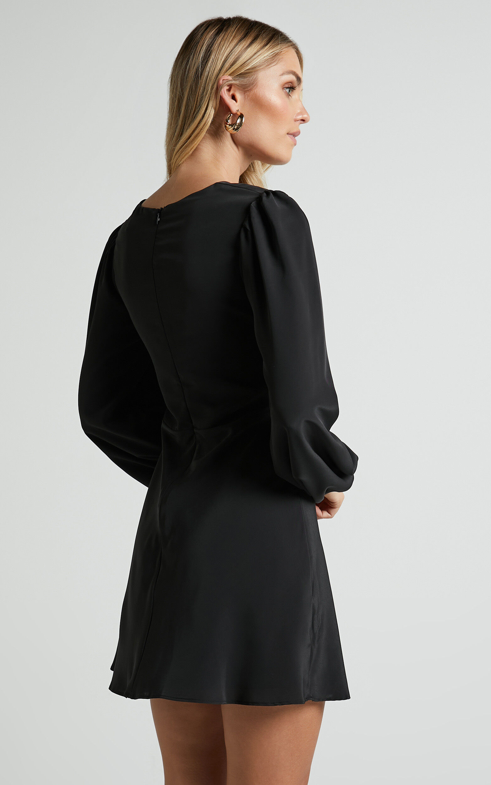 Pilar Mini Dress - Twist Front Long Sleeve Dress in Black