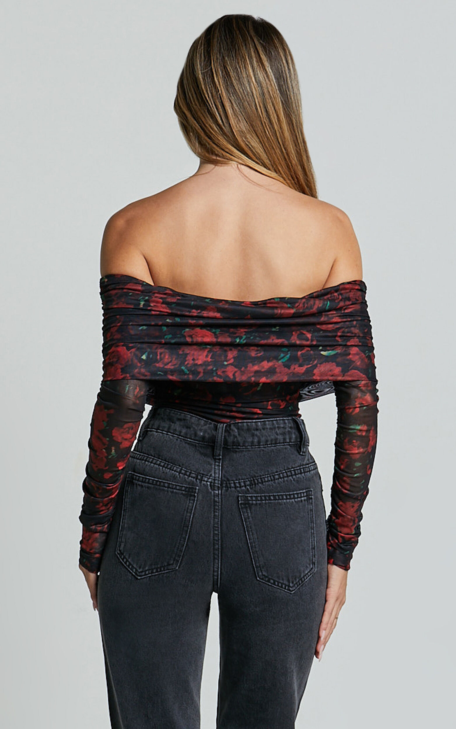 Jaythen Bodysuit - Long Sleeve Off Shoulder Ruched Mesh Bodysuit in Red Rose