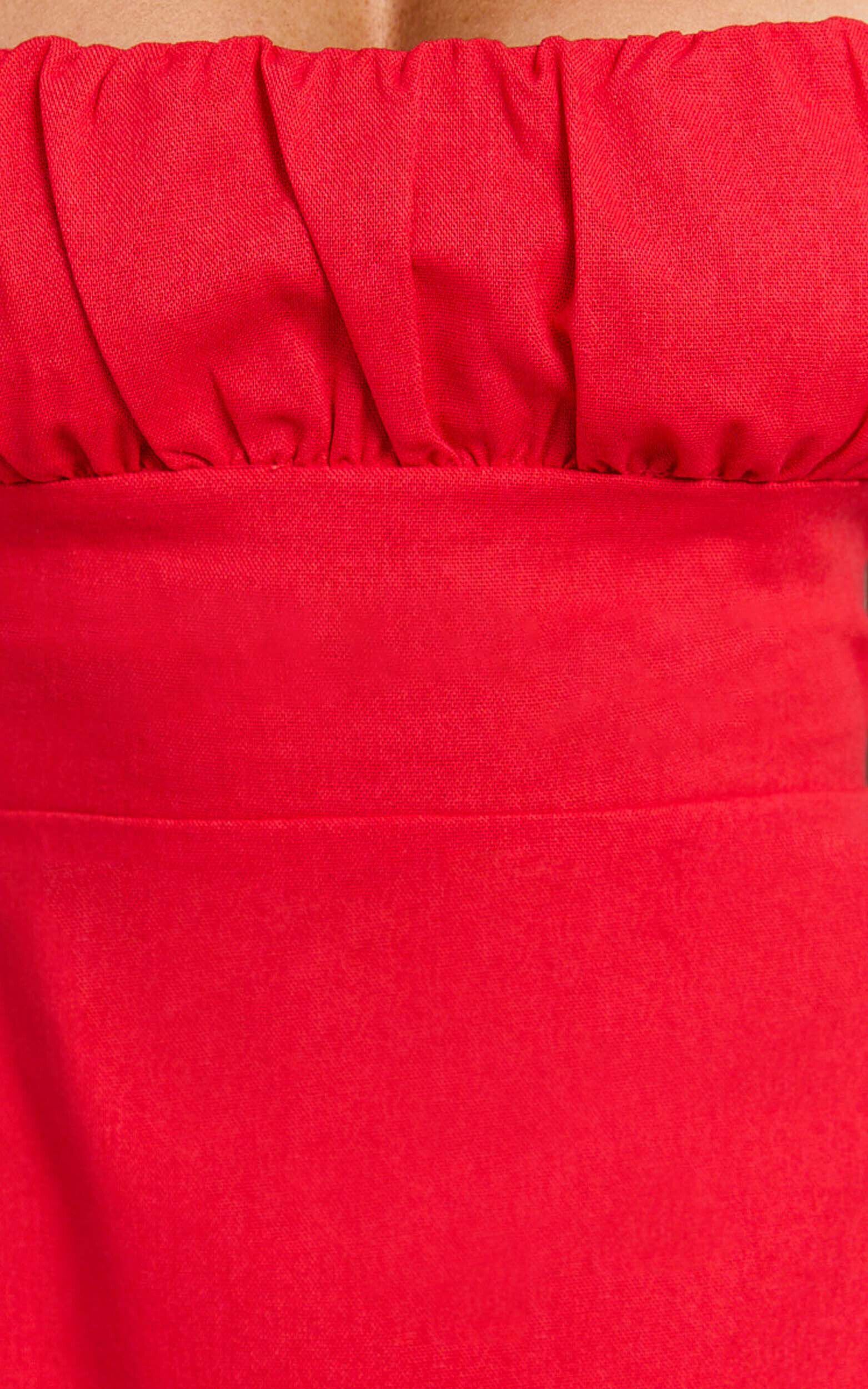 Ginny Mini Dress - Square Neck Ruched Bodice Puff Sleeve Straight Dress in Red