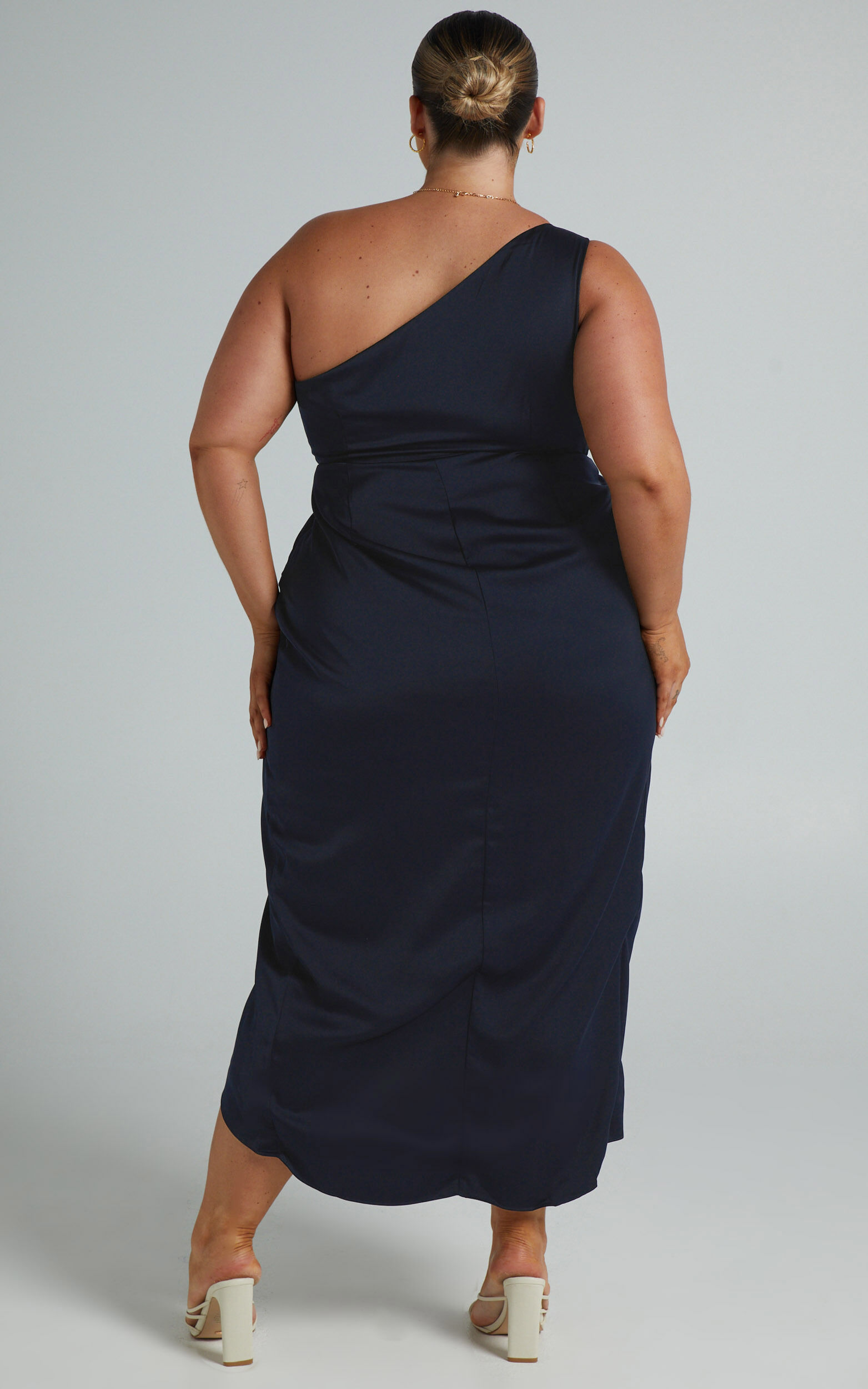 Felt So Happy Midi Dress - One Shoulder Drape Dress in Navy