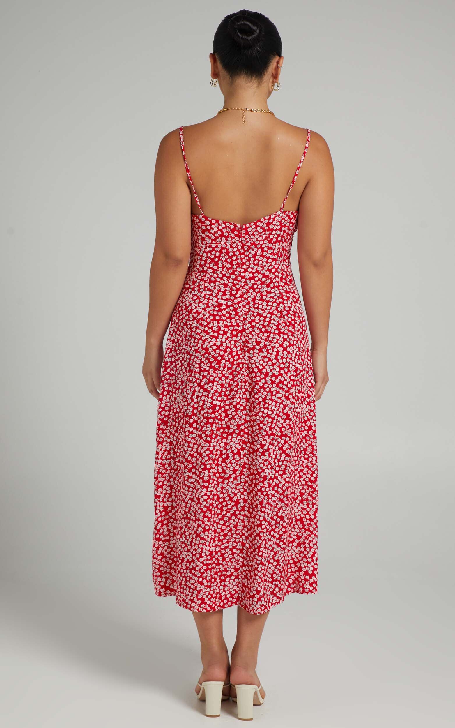 Willa Midi Dress - Ruched Bust Thigh Split Dress in Red Floral
