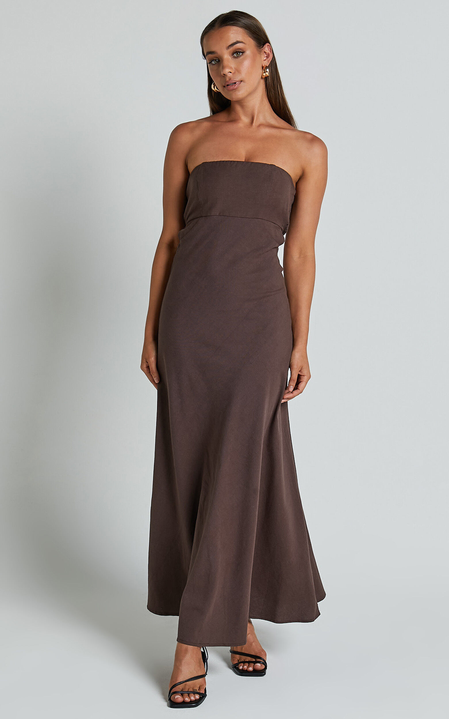 Elerie Maxi Linen Dress - Strapless Linen Dress in Chocolate