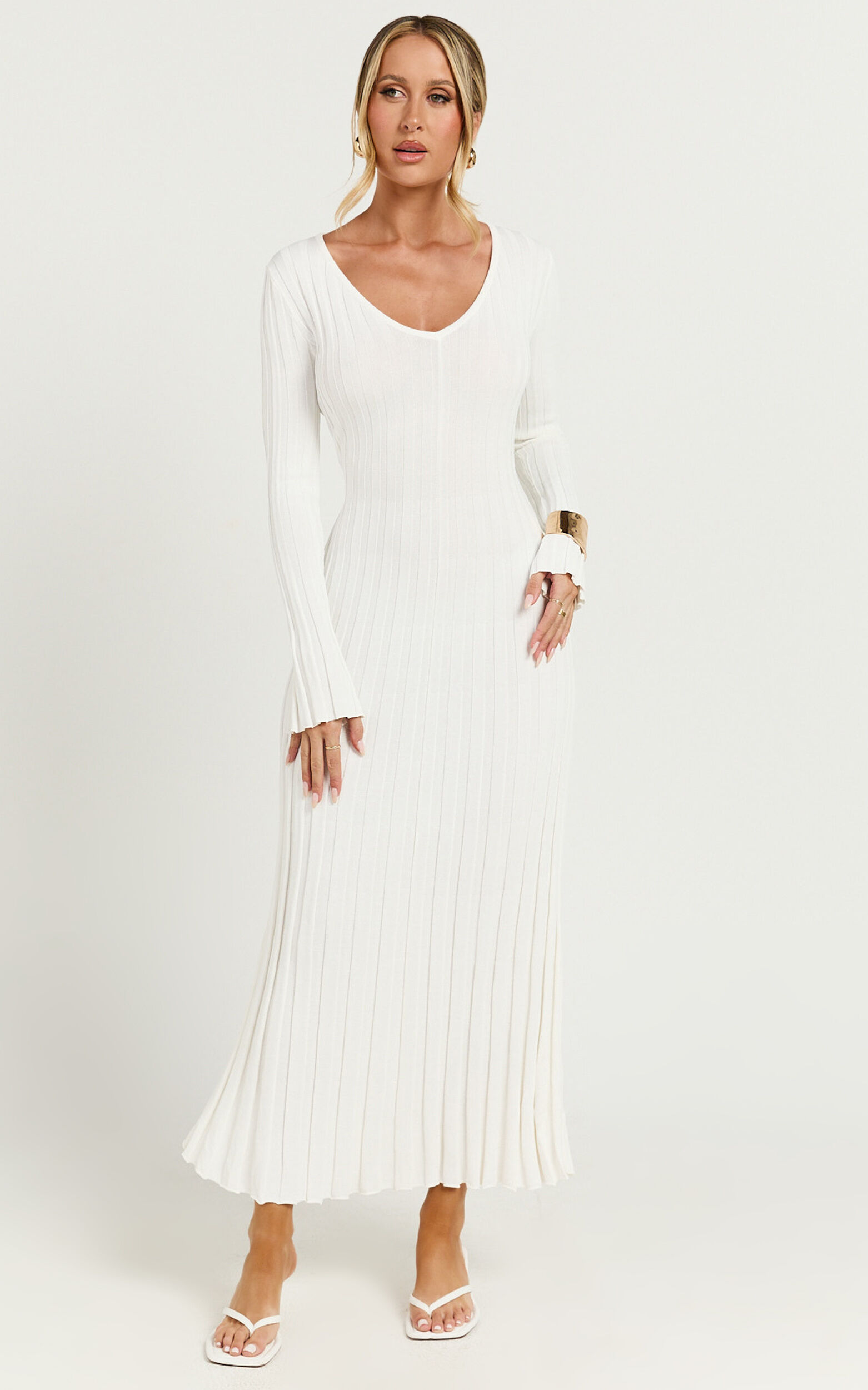 Astra Midi Dress - V Neck Long Sleeve Knit Dress in White