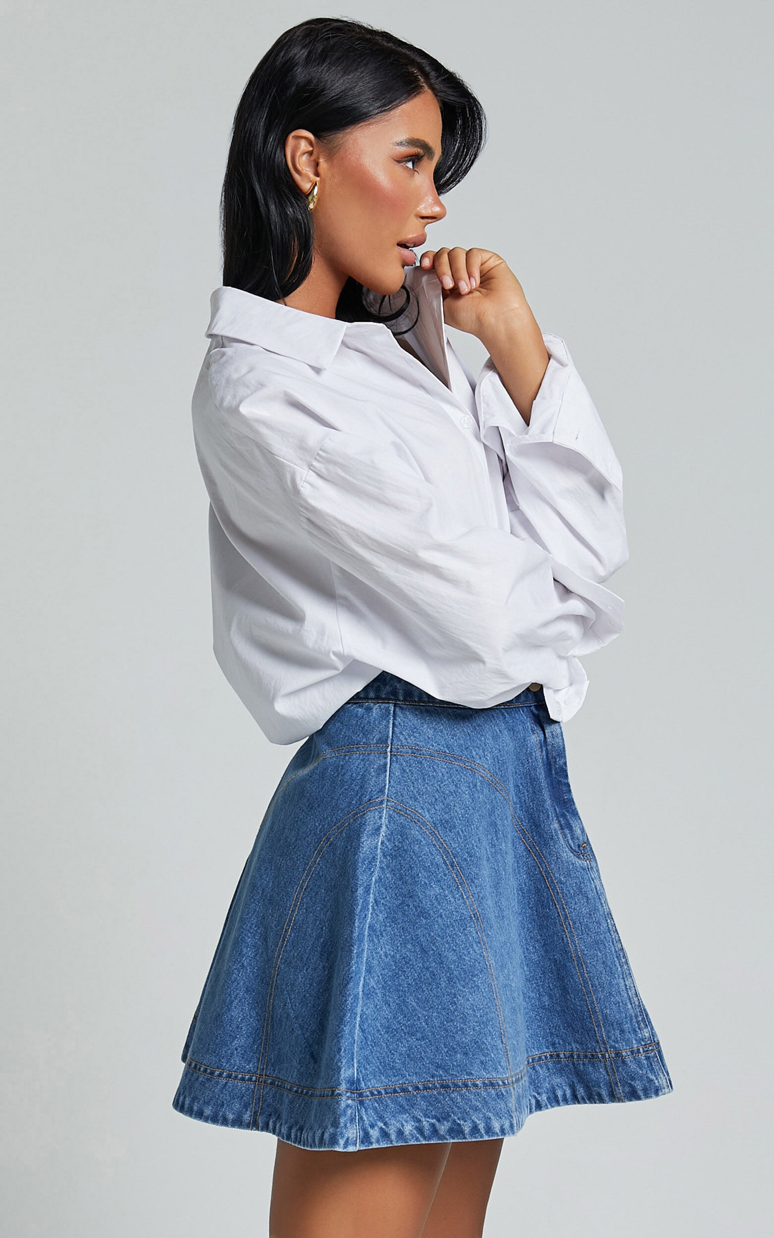 Koemi Skirt - High Waisted Denim Flare in Mid Blue Wash