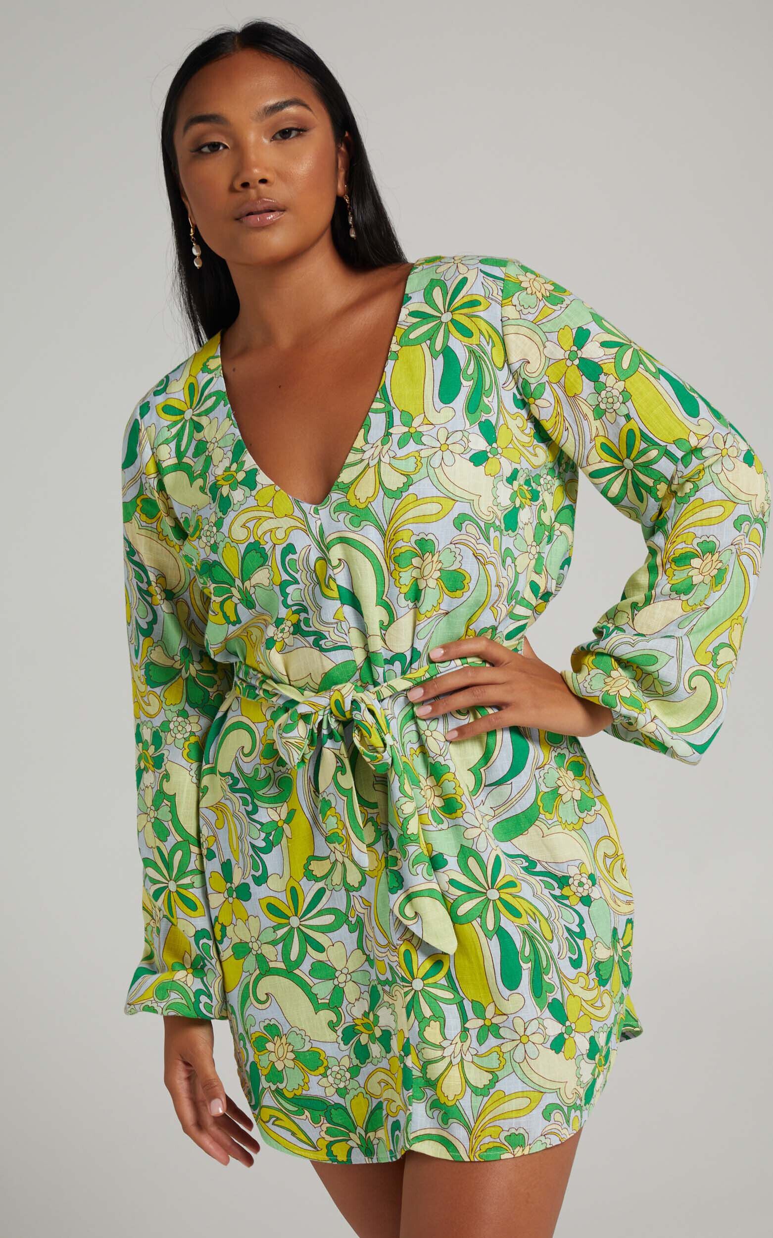 Gianna Mini Dress - Linen Look Balloon Sleeve Dress in California Dreamin