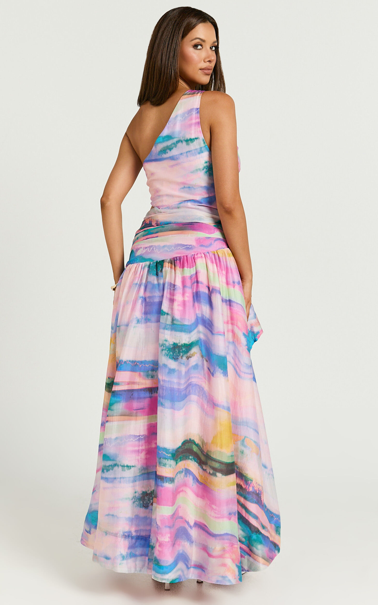 Amalie The Label - Keziah One Shoulder Asymmetric Midi Dress in Abstract Sunset Print