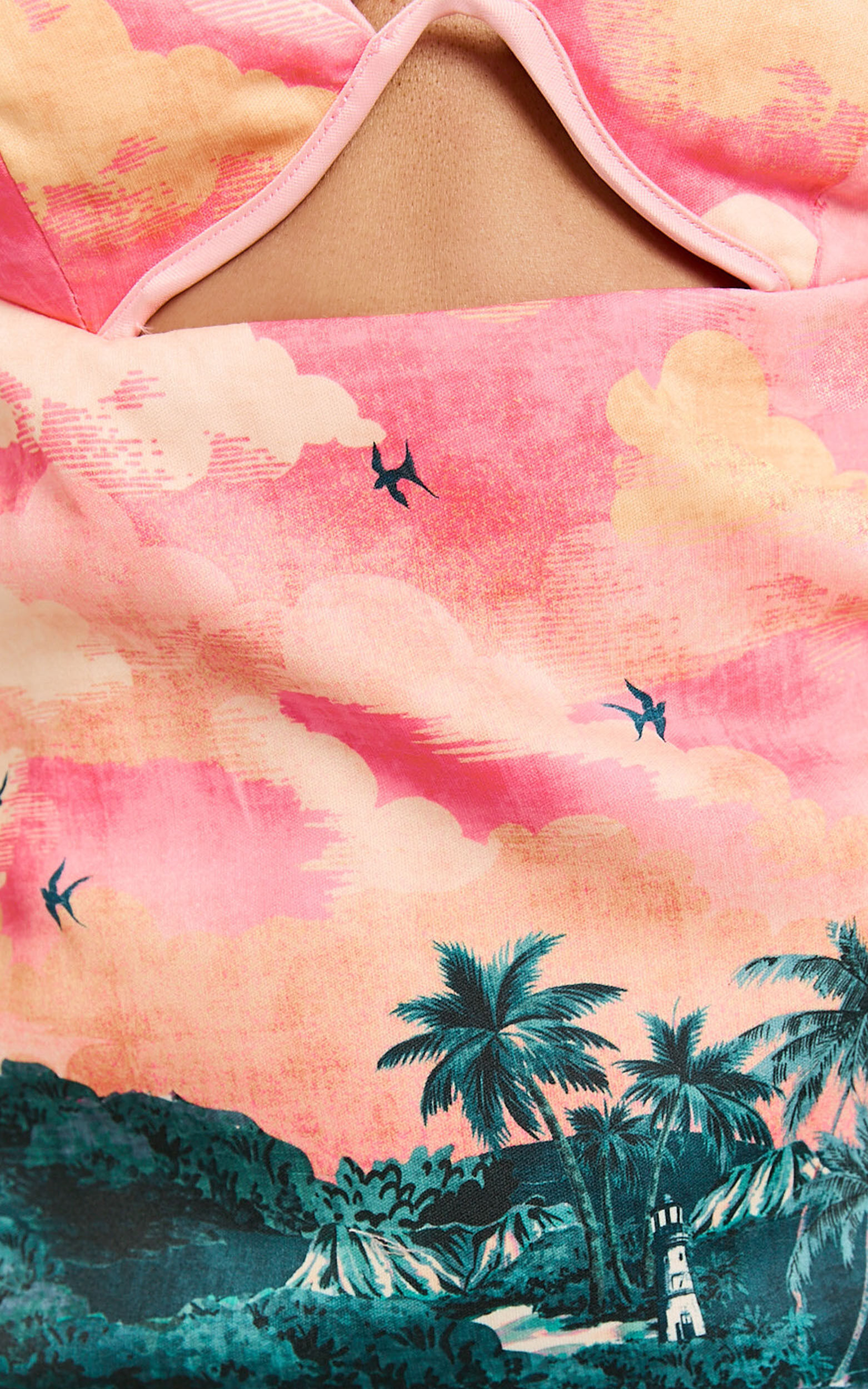 Amalie The Label - Leesha Under Wire Plunge Front Cut Out Mini Dress in Island Sunset Print