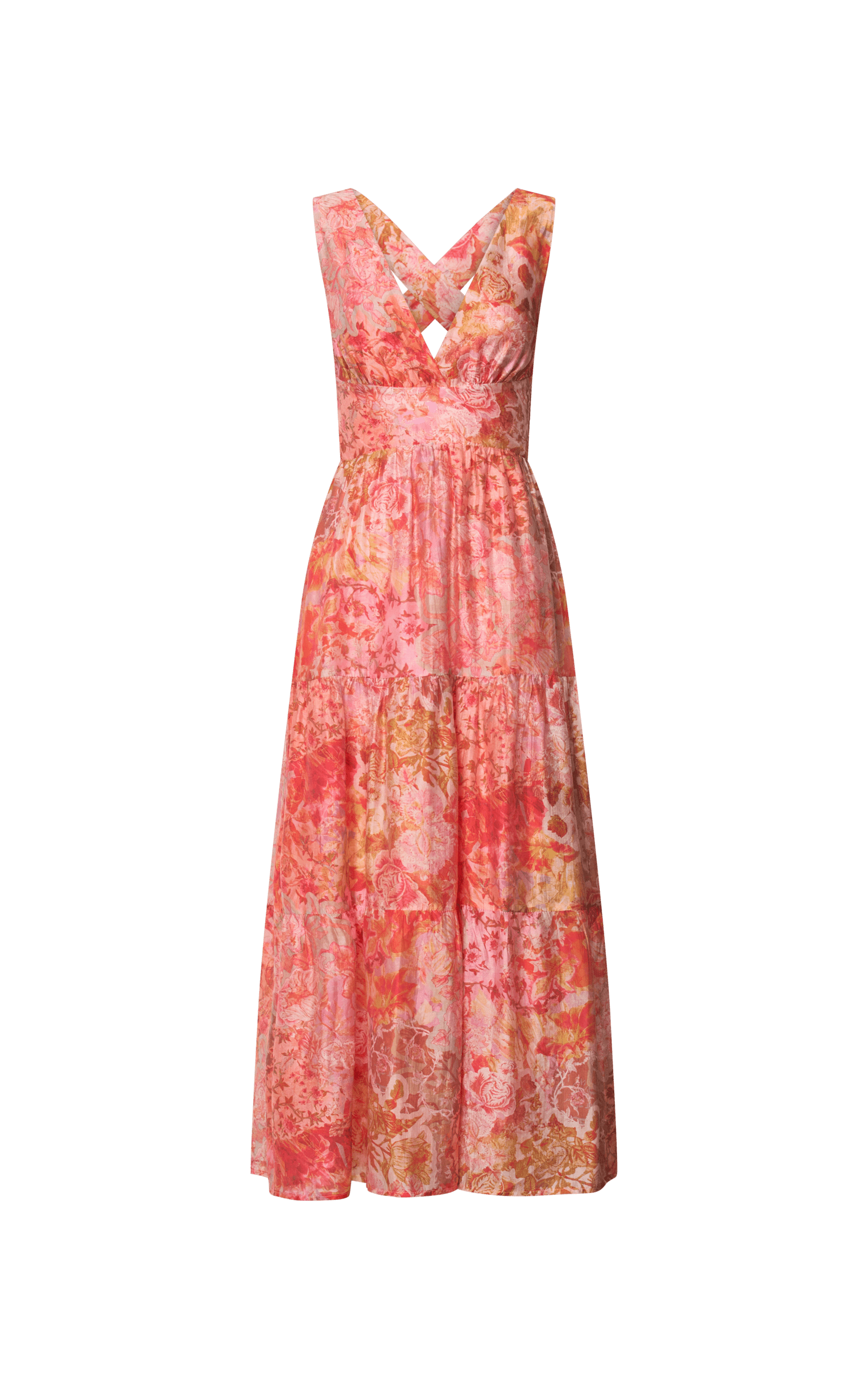 Amalie The Label - Monte Plunge Neck Tie Back Tiered Maxi Dress in Morocco Print