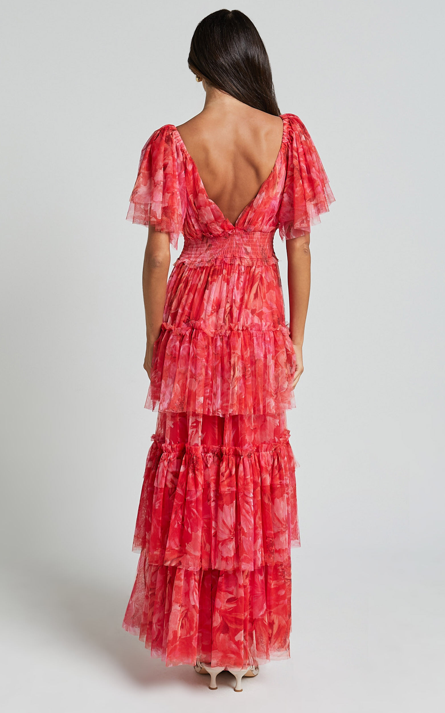 Leianna Midi Dress - Tulle Flutter Sleeve Tiered Ruffle Dress in Sunset Floral