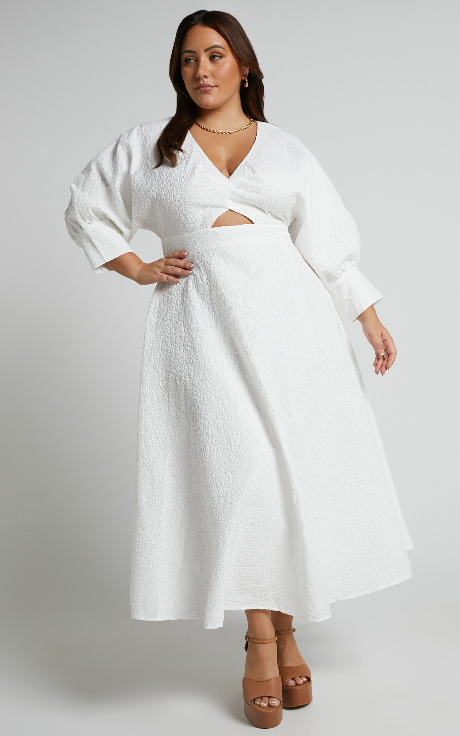 Ashtina Midi Dress - V Neck Cut Out Puff Sleeve Dress in White