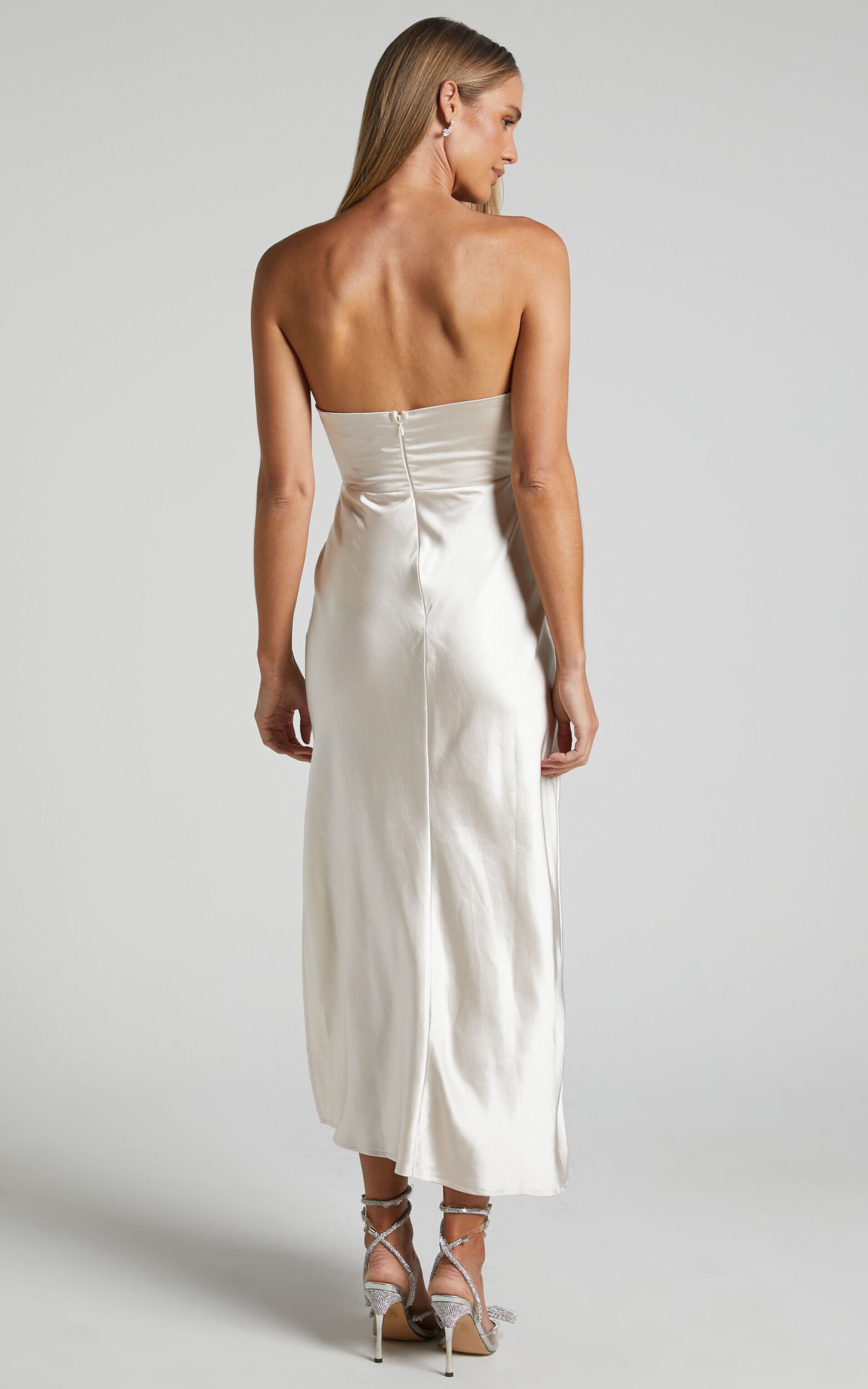 Jaslynn Midi Dress - Strapless V Neck Satin Dress in Champagne