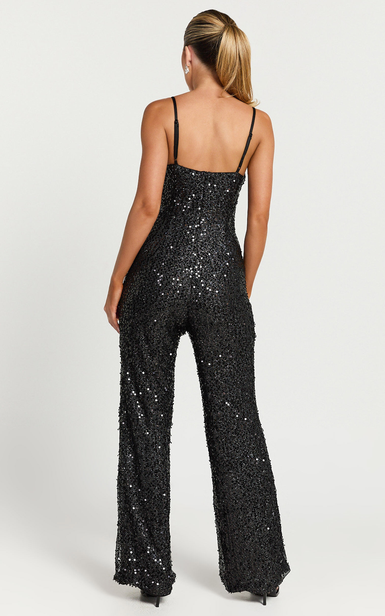 Carlie Jumpsuit - Straight Neck Strappy Sequin in Black