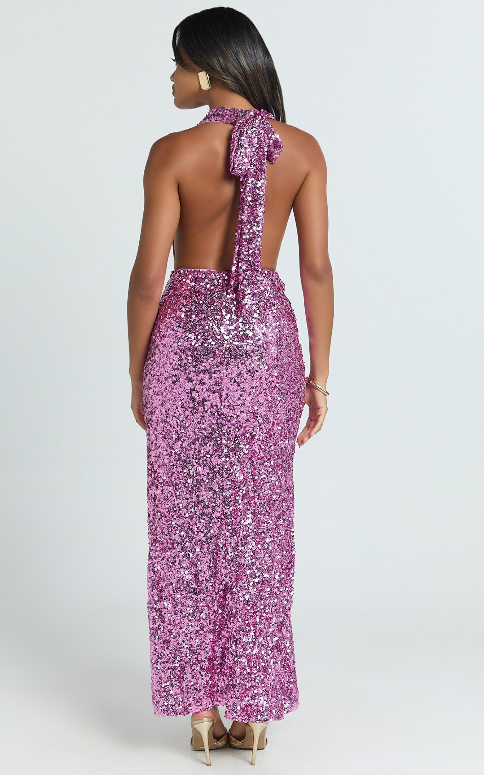 Julien Maxi Dress - Backless Cowl Plunge Neck High Split Sequin Dress in Pink