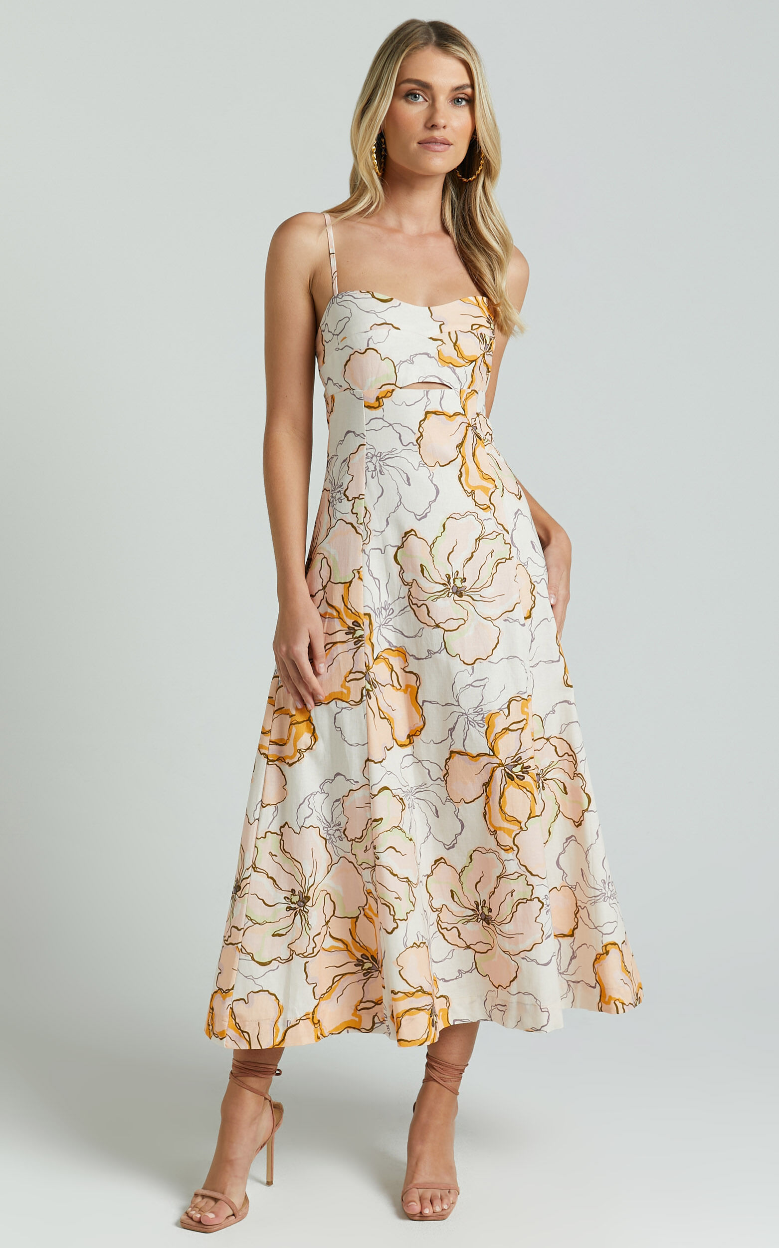 Amalie The Label - Carietta Linen Blend Strappy Sweetheart Cut Out A Line Midi Dress in Maison Fleur