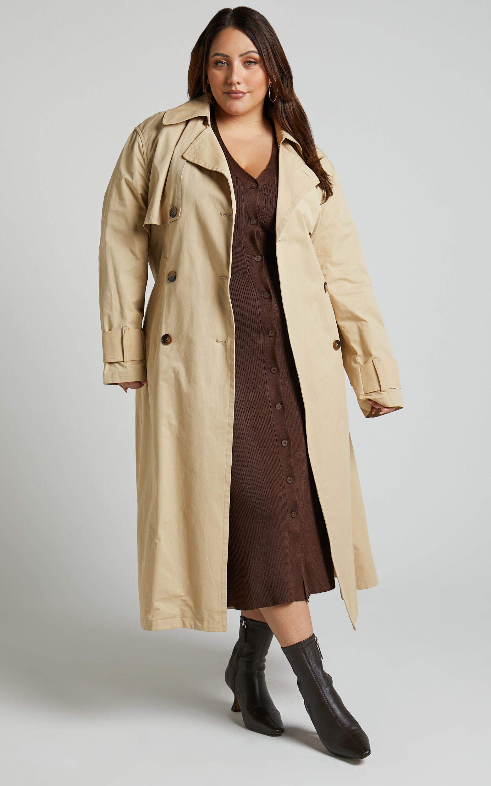 Leahanna Midi Dress - Button Front Knit Dress in Dark Oak