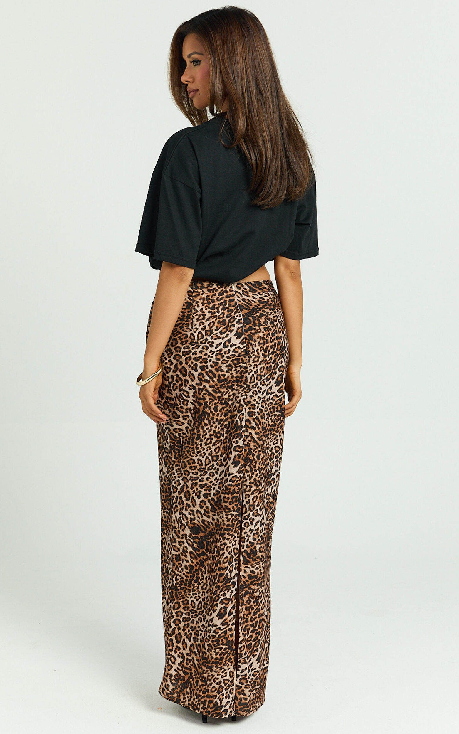 Jacqui Maxi Linen Skirt - Bias Cut Back Split Skirt in Tonal Leopard Print
