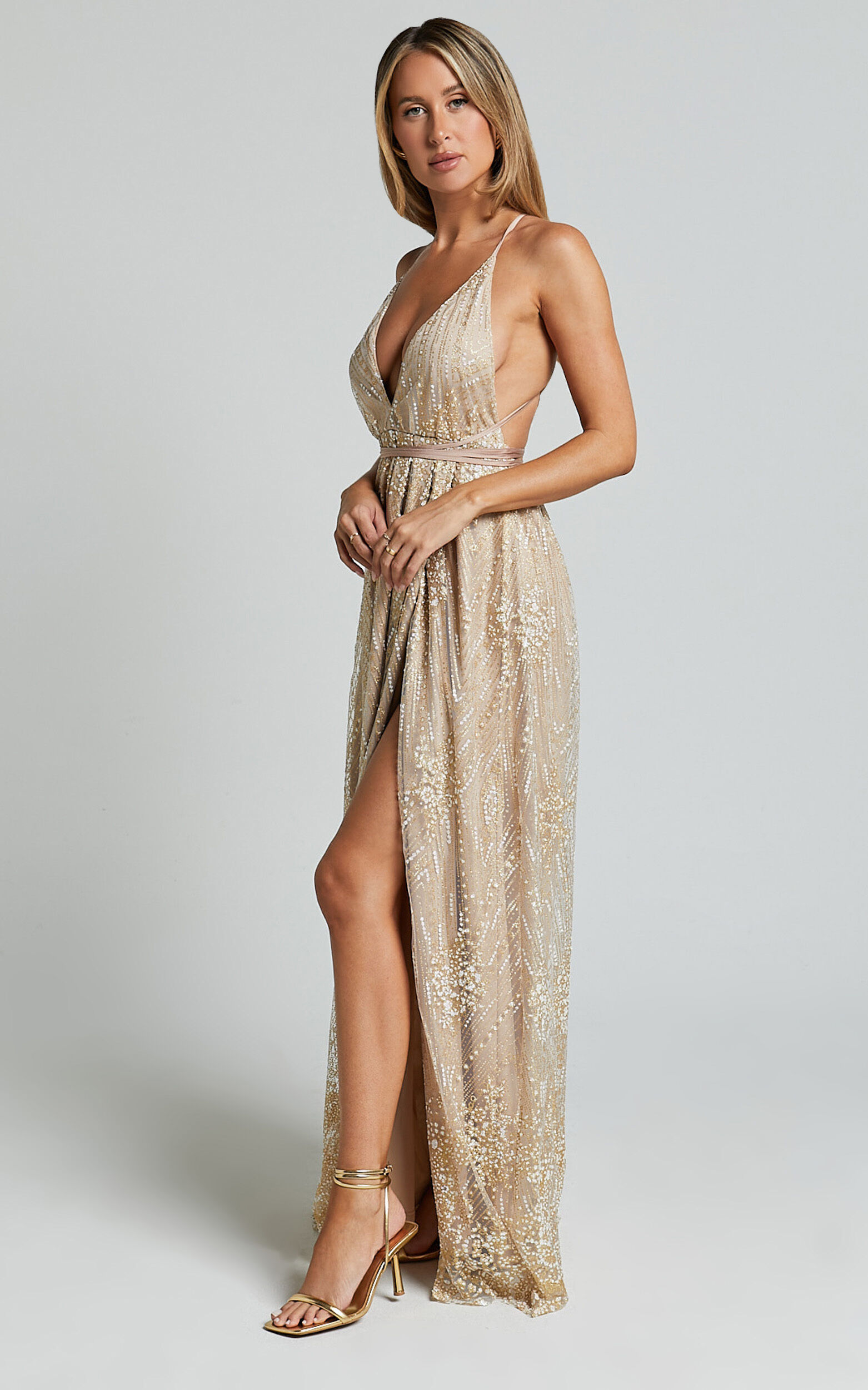 New York Nights Maxi Dress - Sequin Plunge Cross Back Dress in Gold