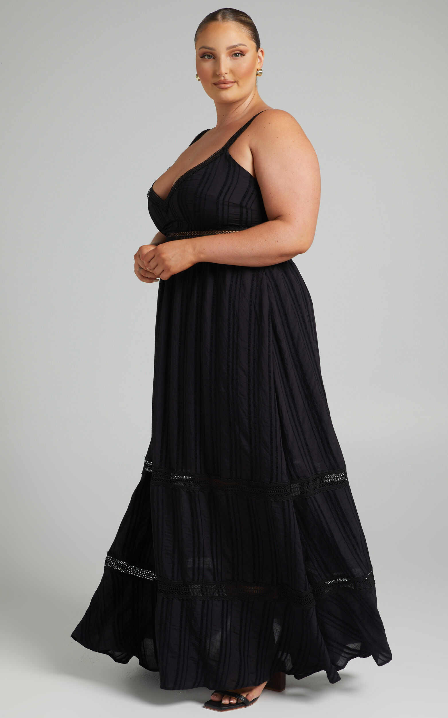 Angelique Maxi Dress - Lace Trim Dress in Black