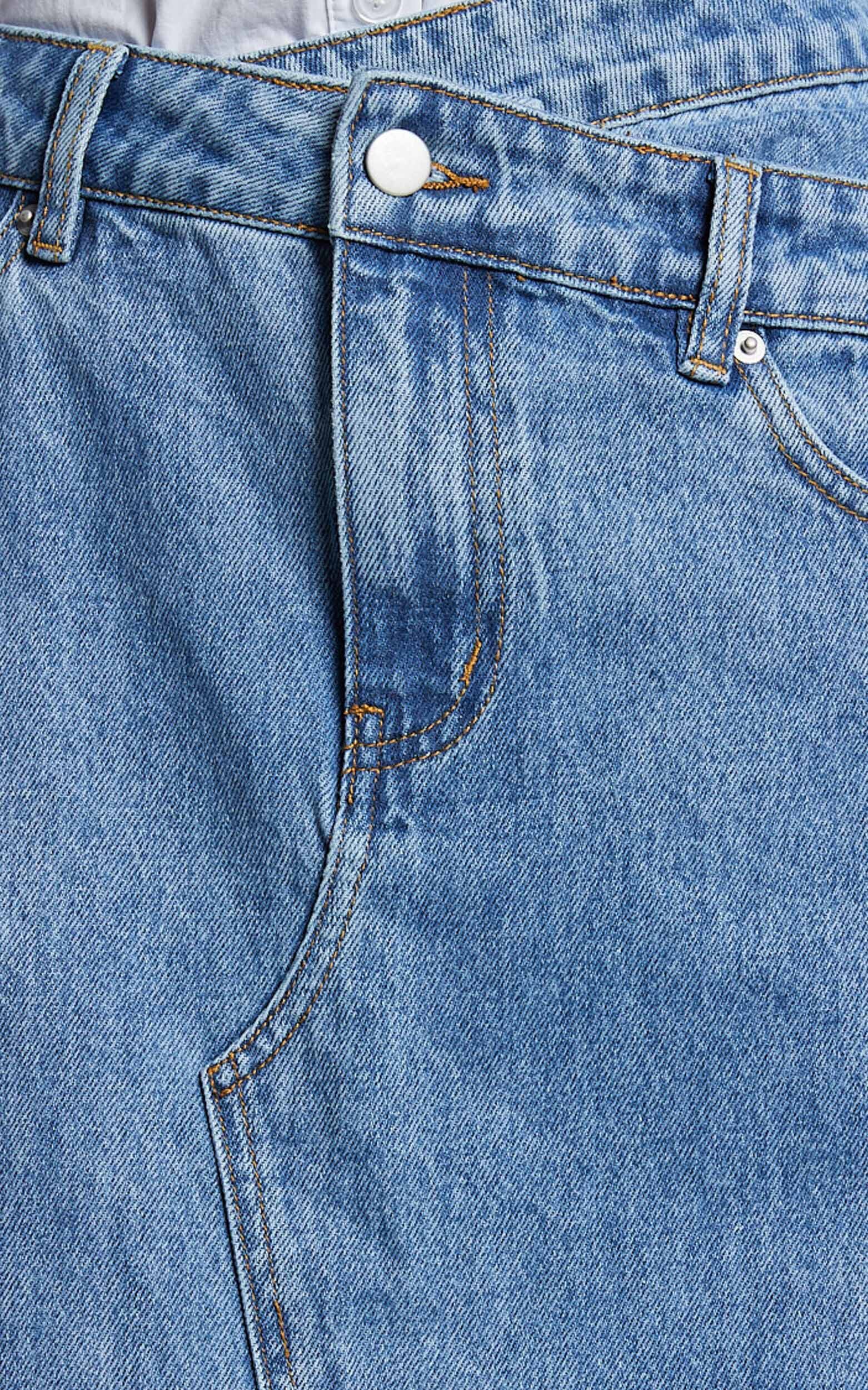 Evelyn Maxi Skirt - High Asymmetrical Waist Frayed Hem Denim Skirt in Mid Blue Wash