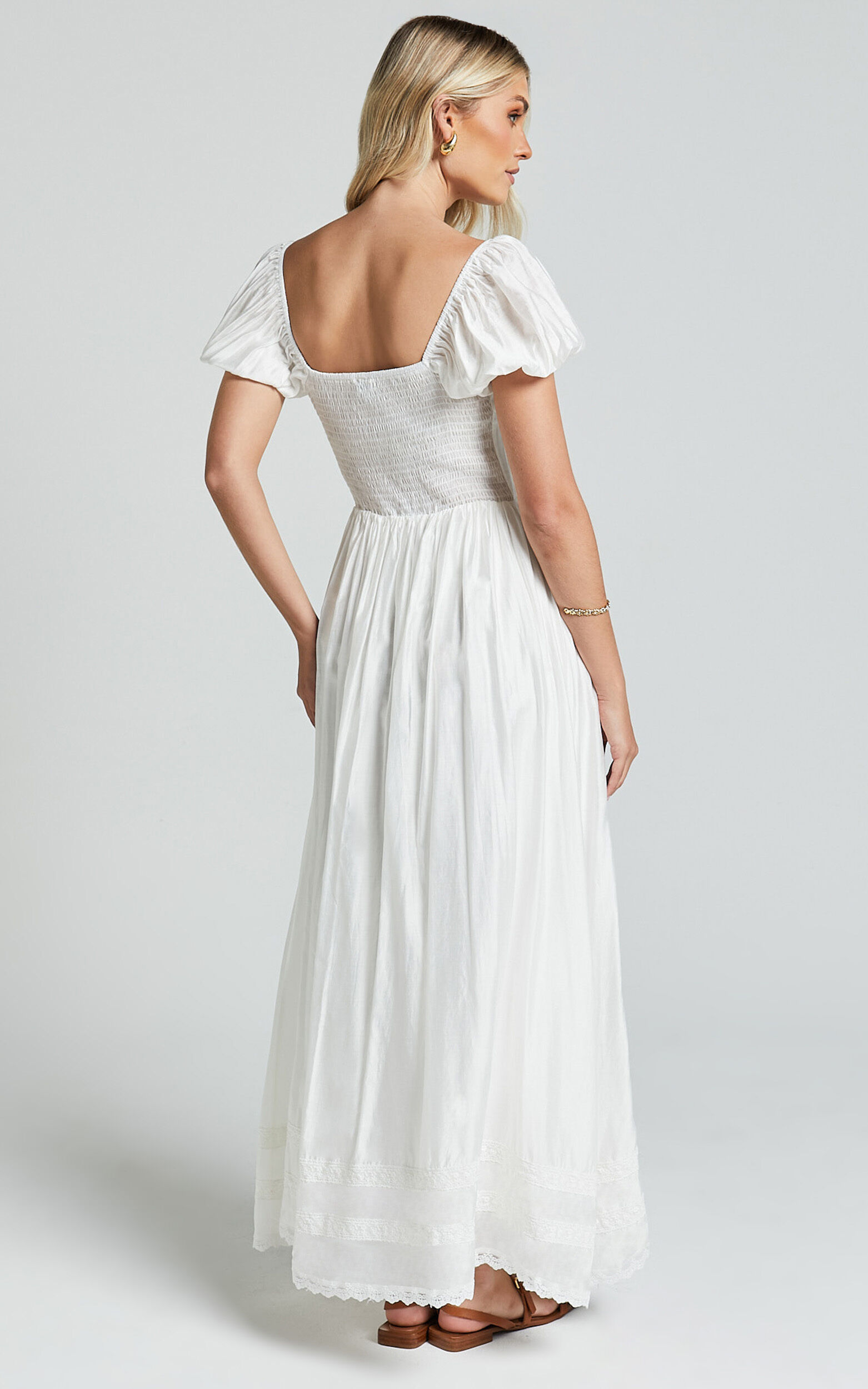 Giselle Midi Dress - Puff Sleeve Corset Flare Dress in White