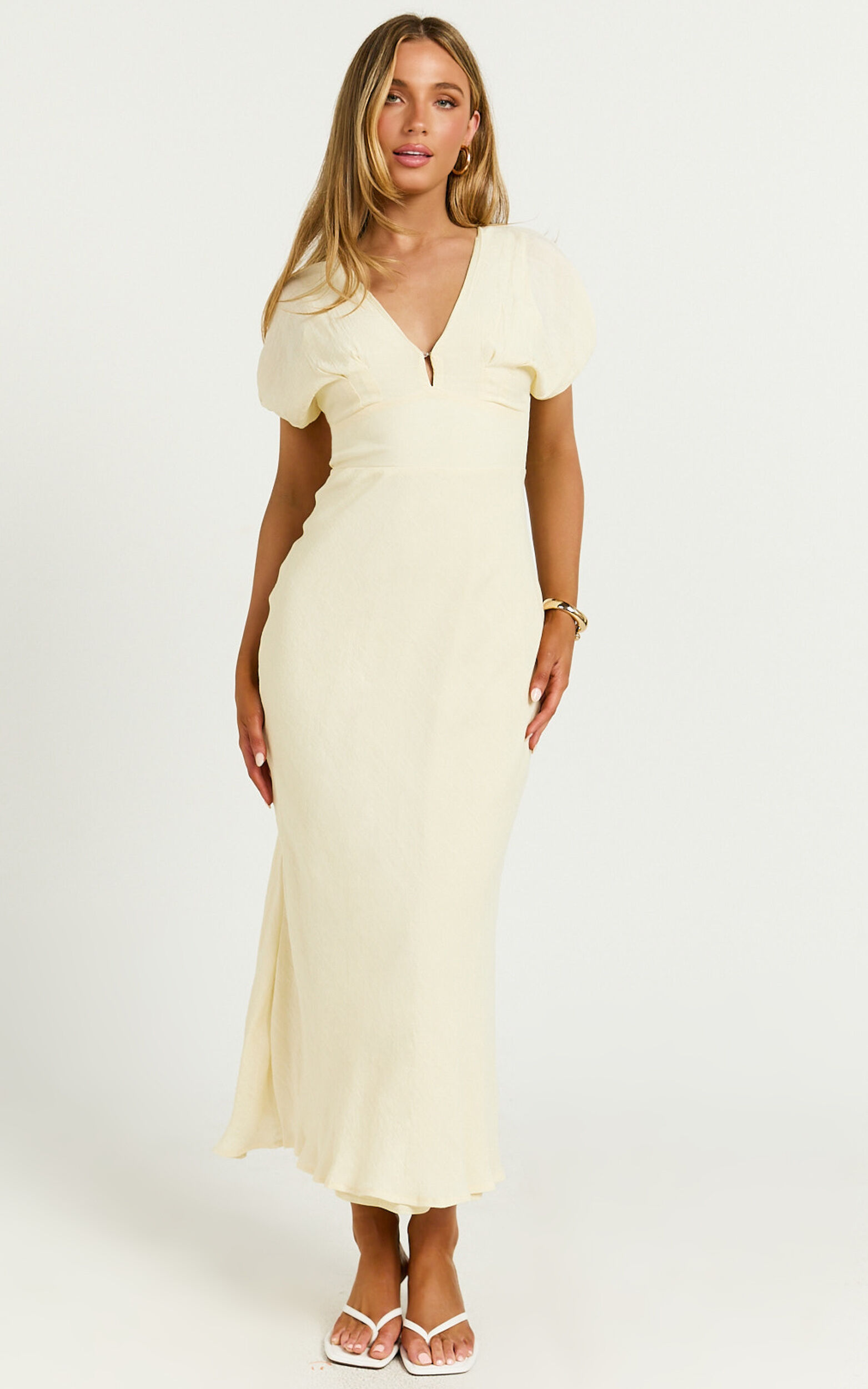 Desiree Midi Dress - V Neck Flutter Short Sleeve Slip Dress in Lemon