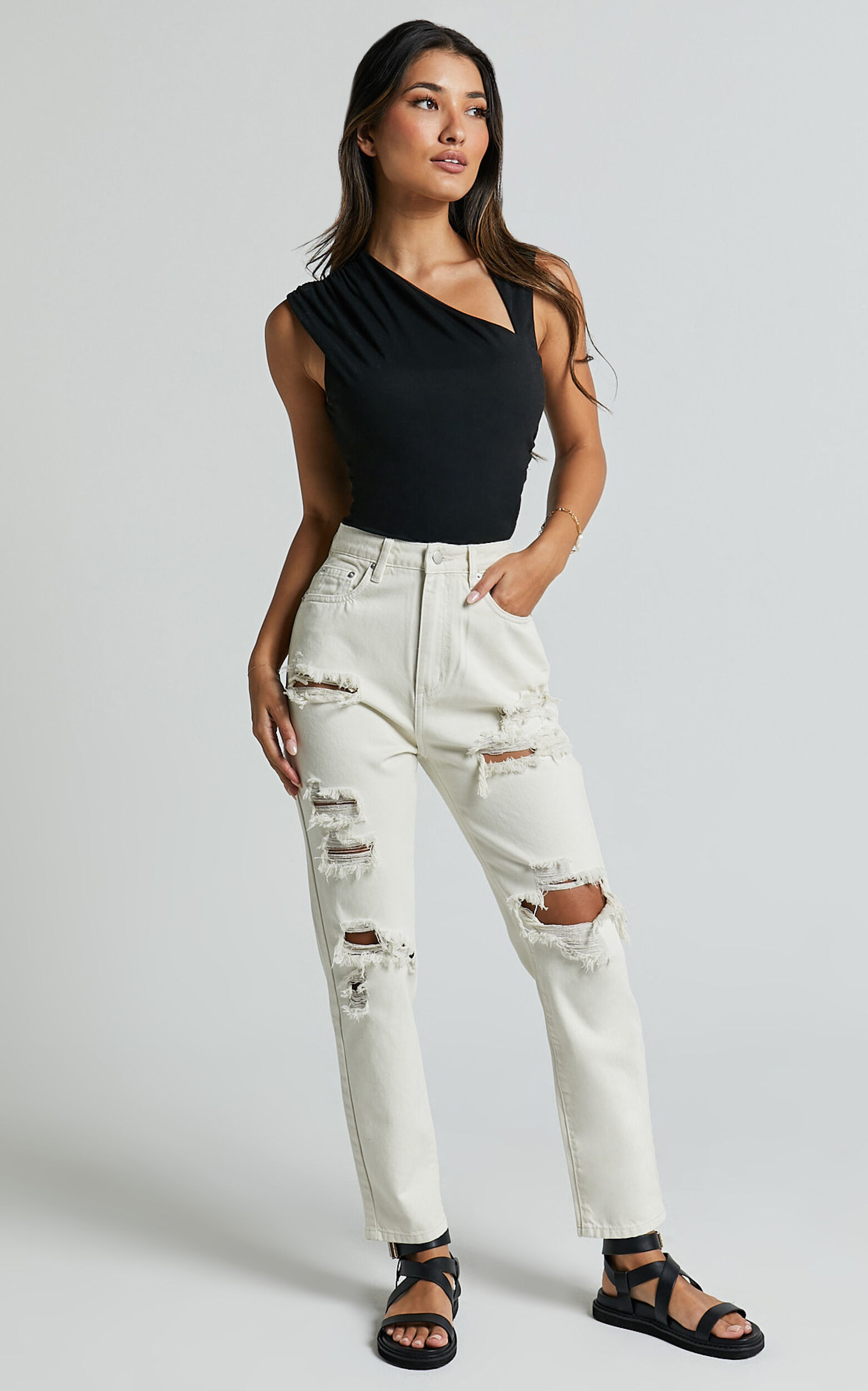 Billie Jeans - High Waisted Cotton Distressed Mom Denim Jeans in Ecru