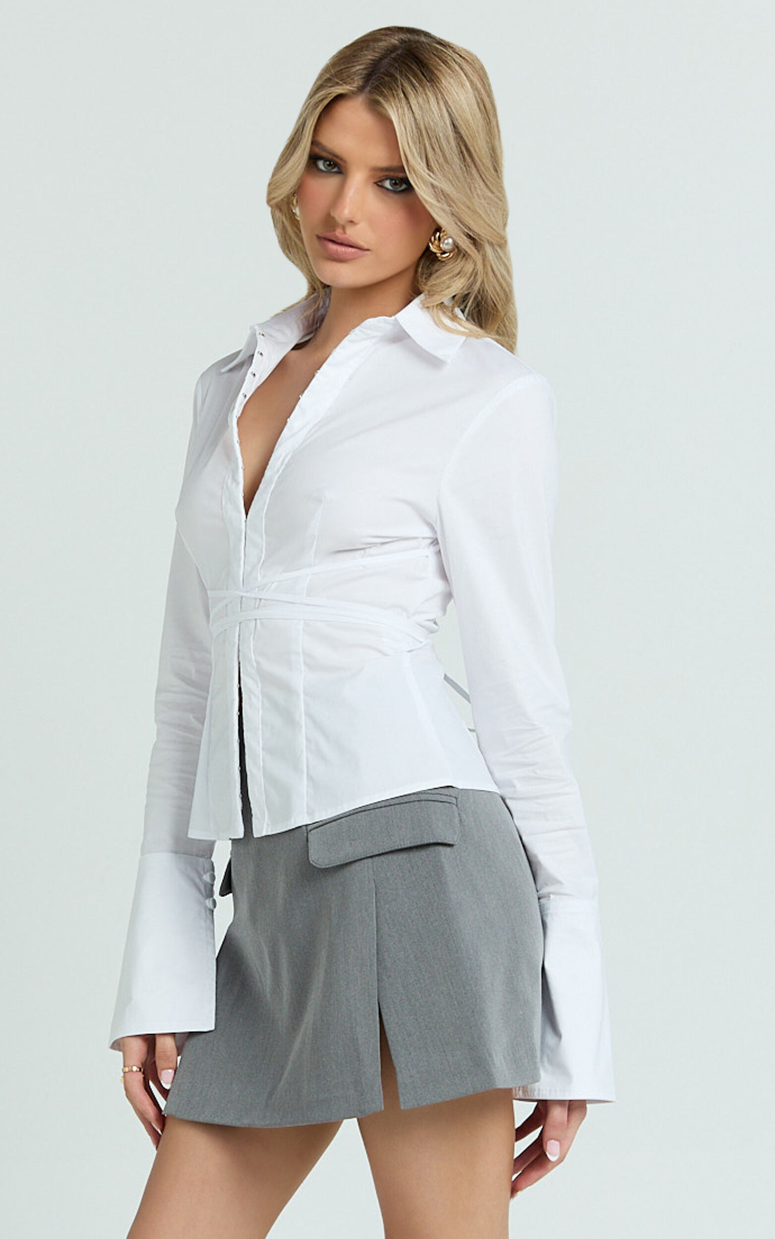 Katherine Top - Collared Plunge Flared Sleeve Top in White