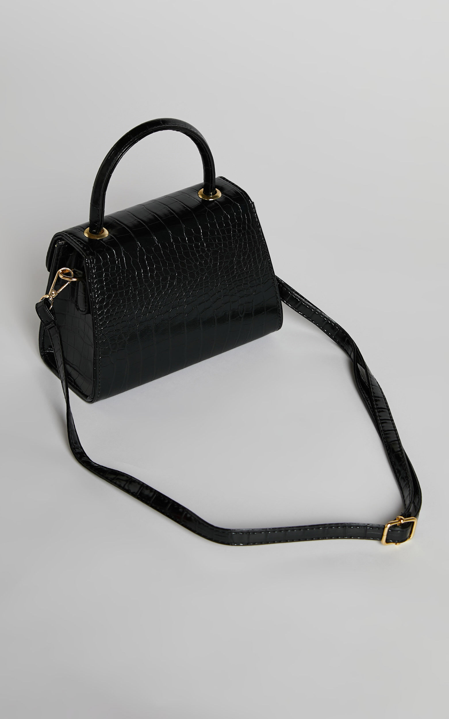 Marilou Bag - Croc Embossed Top Handle Bag in Black