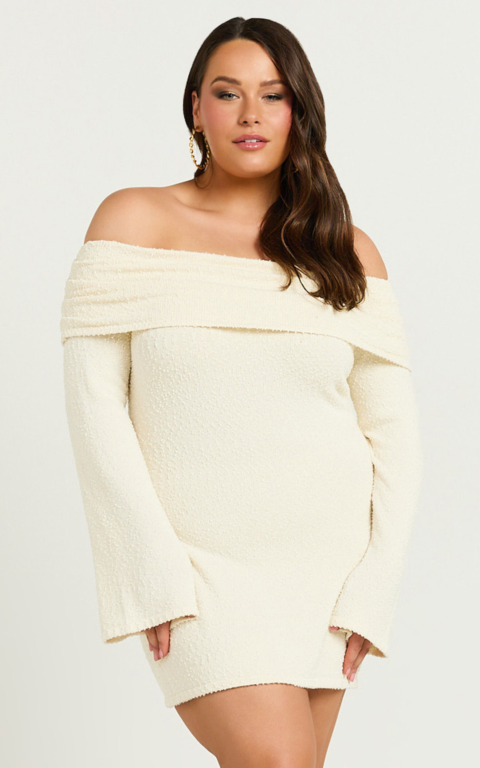 Pietra Mini Dress - Knitted Off Shoulder Dress in Cream