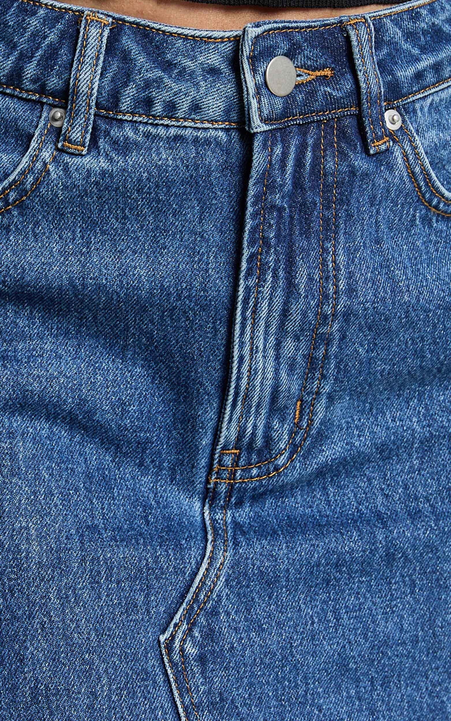 Kira Midi Skirt - Front Split Denim Skirt in Dark Blue Wash